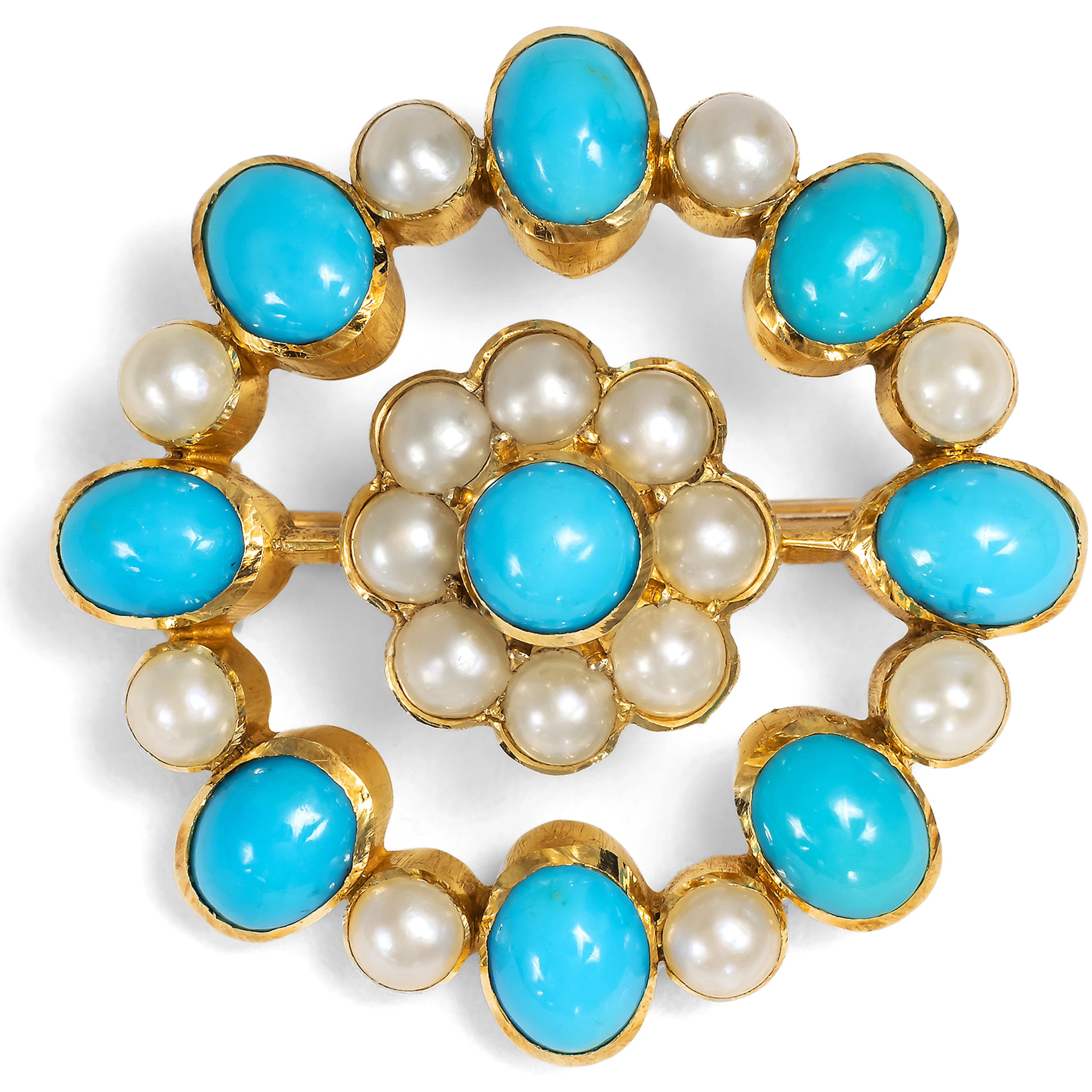Antique Brooch with Turquoises and Pearls in Gold, British, c. 1890s