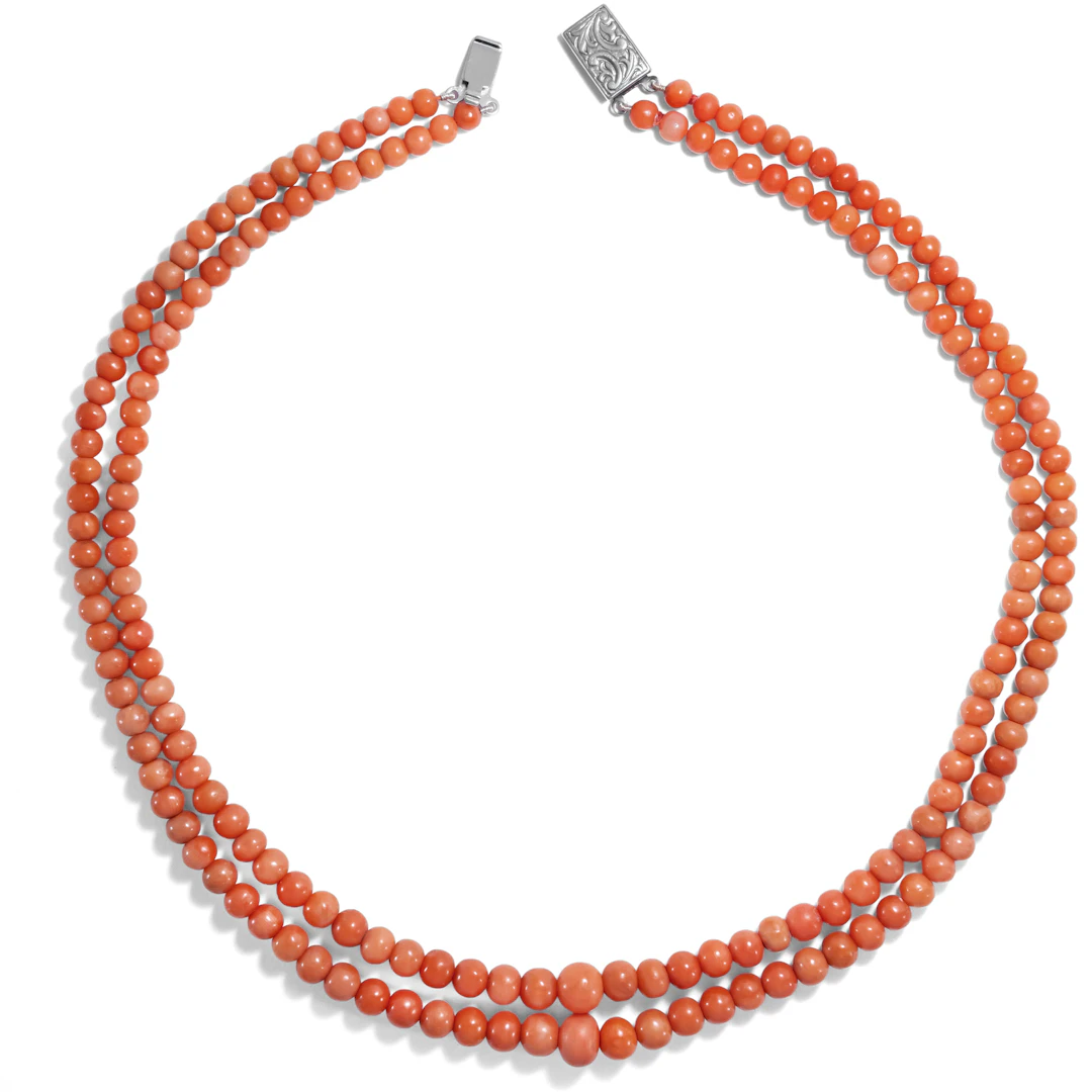 Antique Double Row Necklace of Precious Coral With Silver Clasp, Italy c. 1900