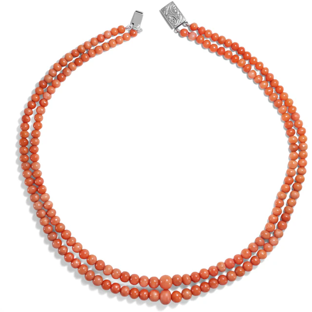 Antique Double Row Necklace of Precious Coral With Silver Clasp, Italy c. 1900