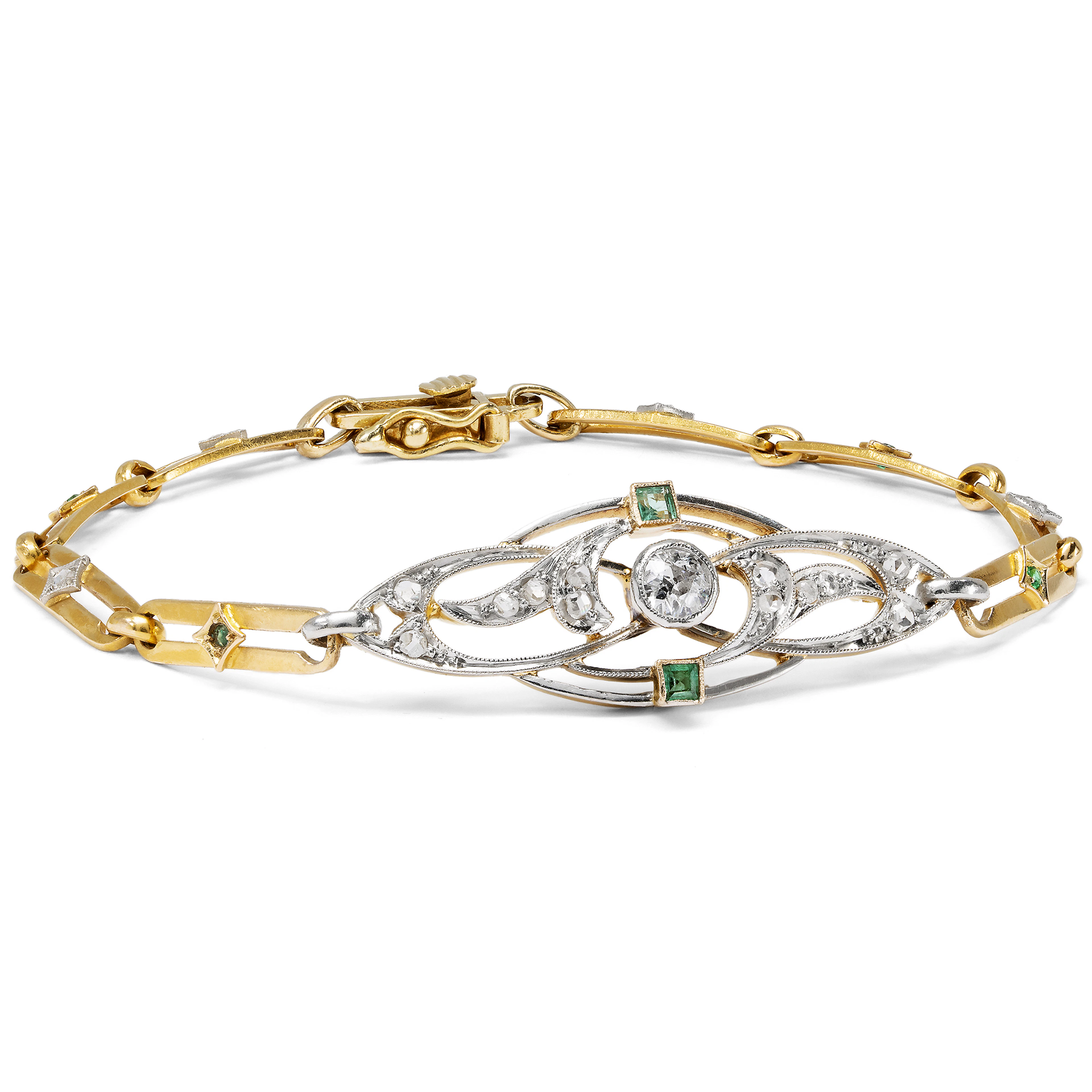 Antique Bracelet with Diamonds and Emeralds in Platinum on Gold, c. 1900