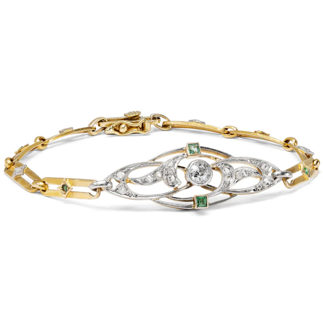 Antique Bracelet with Diamonds and Emeralds in Platinum on Gold, c. 1900