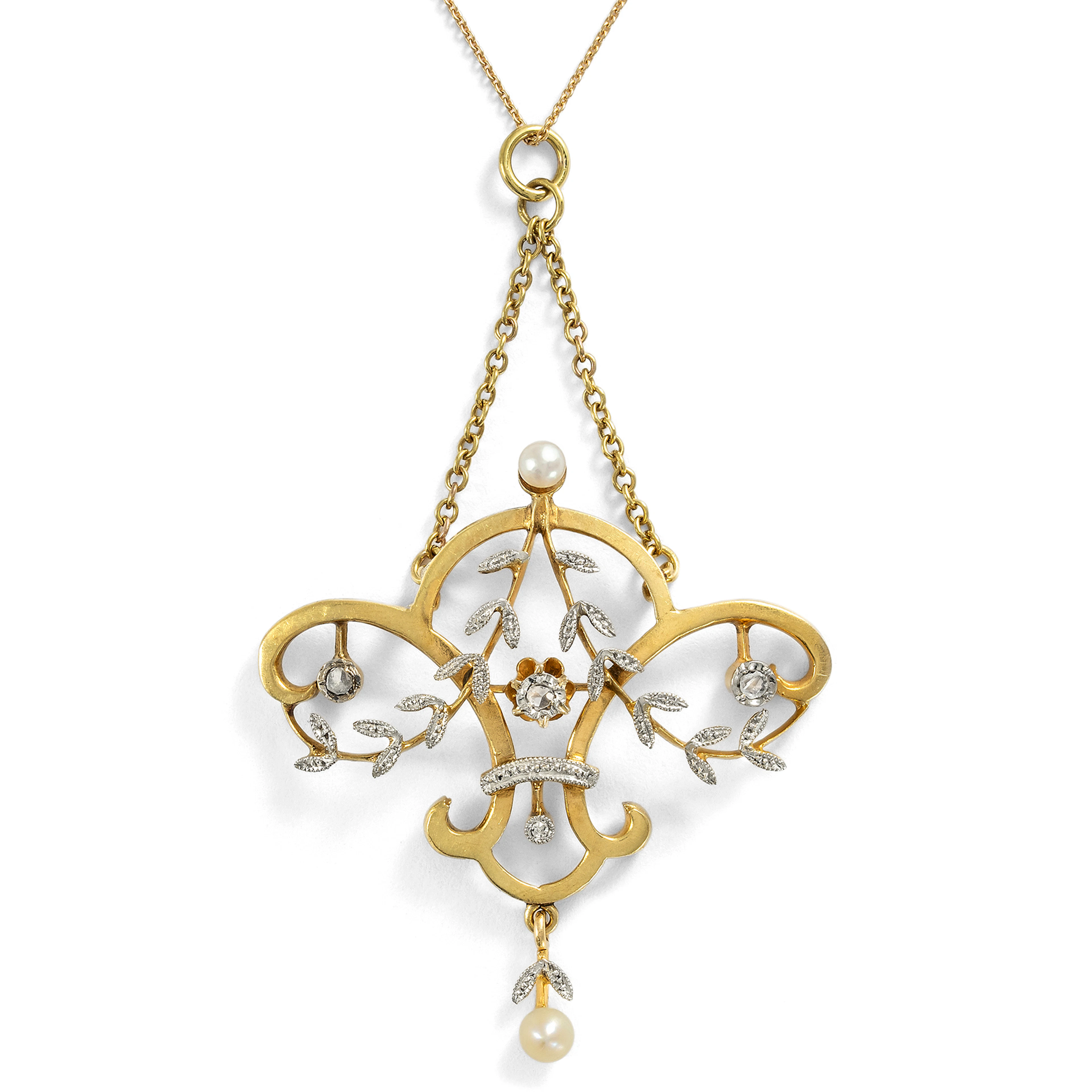 Delicate Diamond and Pearl Pendant in Gold and Platinum, c. 1910