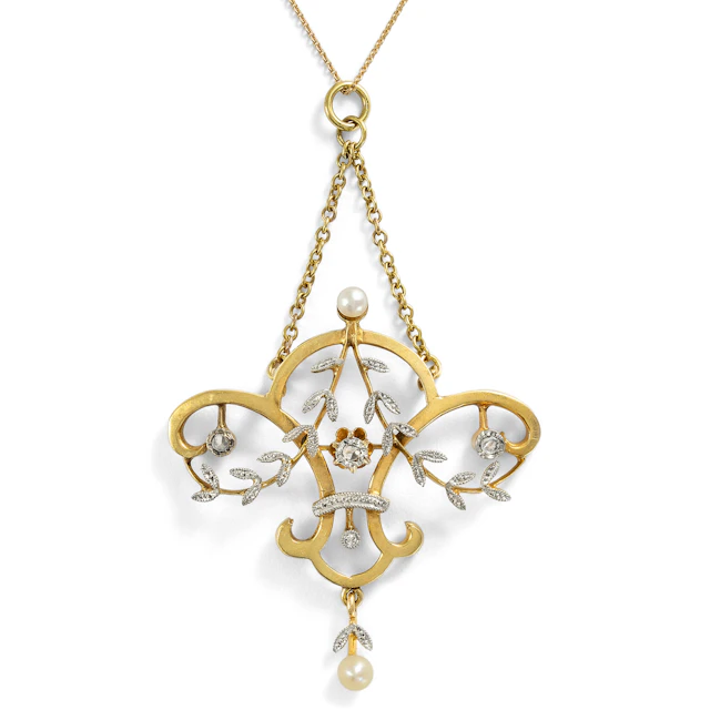 Delicate Diamond and Pearl Pendant in Gold and Platinum, c. 1910