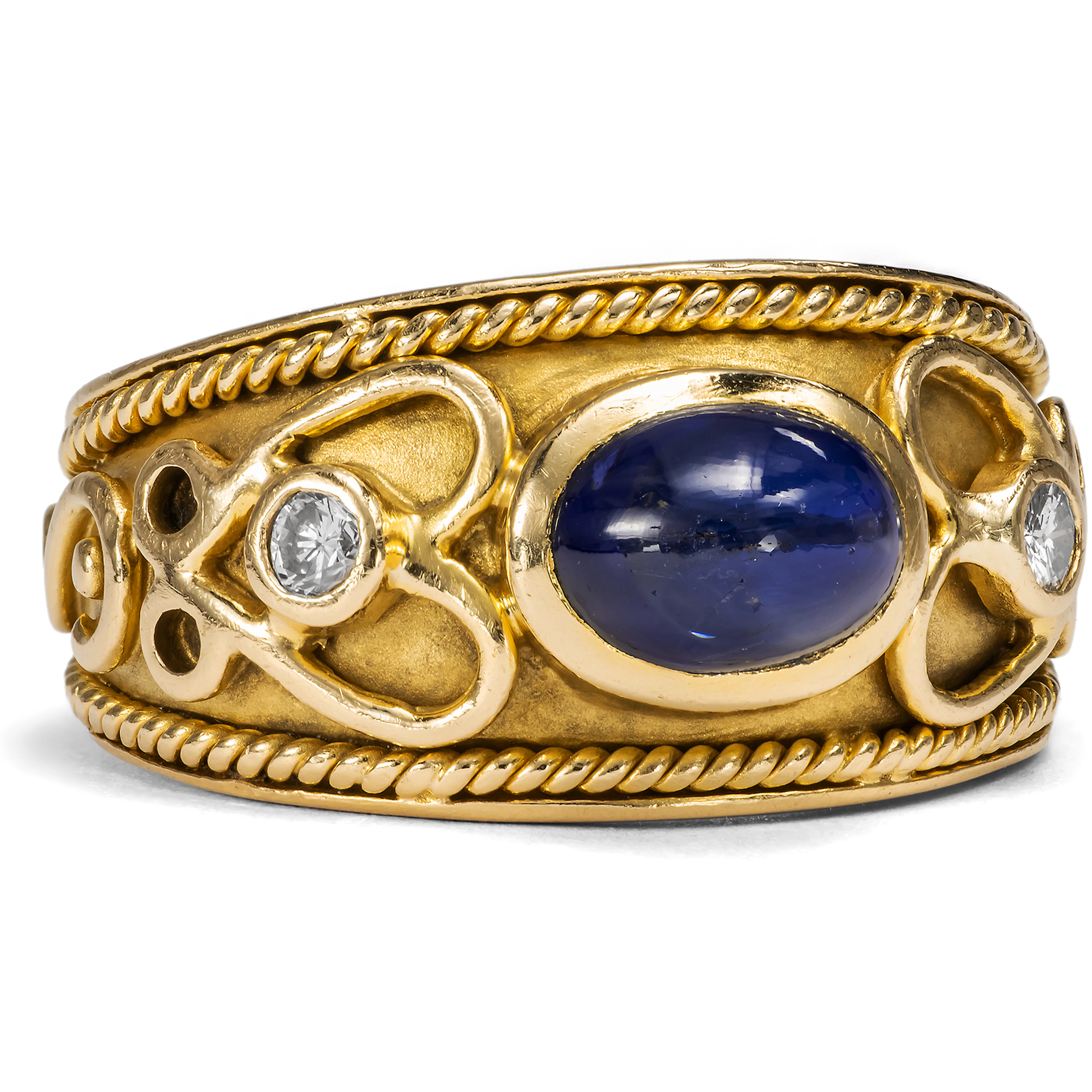 Opulent band ring with sapphire & diamonds in gold, USA 1980s