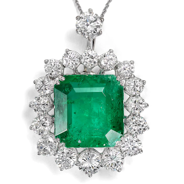 Vintage Pendant with Emerald from Zambia & Diamonds in White Gold, c. 1980