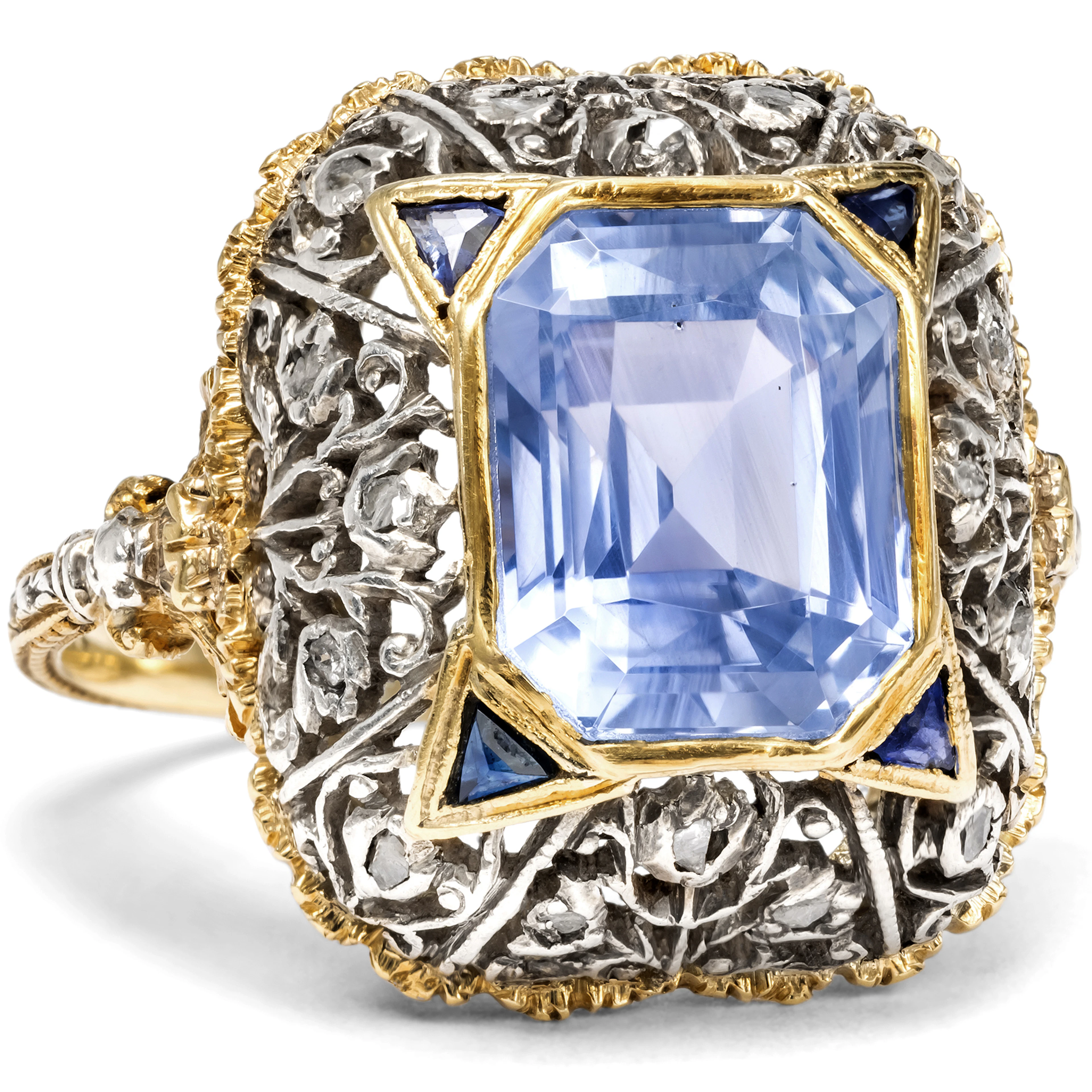 Beautiful Ring with Untreated Sapphire in Silver and Gold, c. 1930s