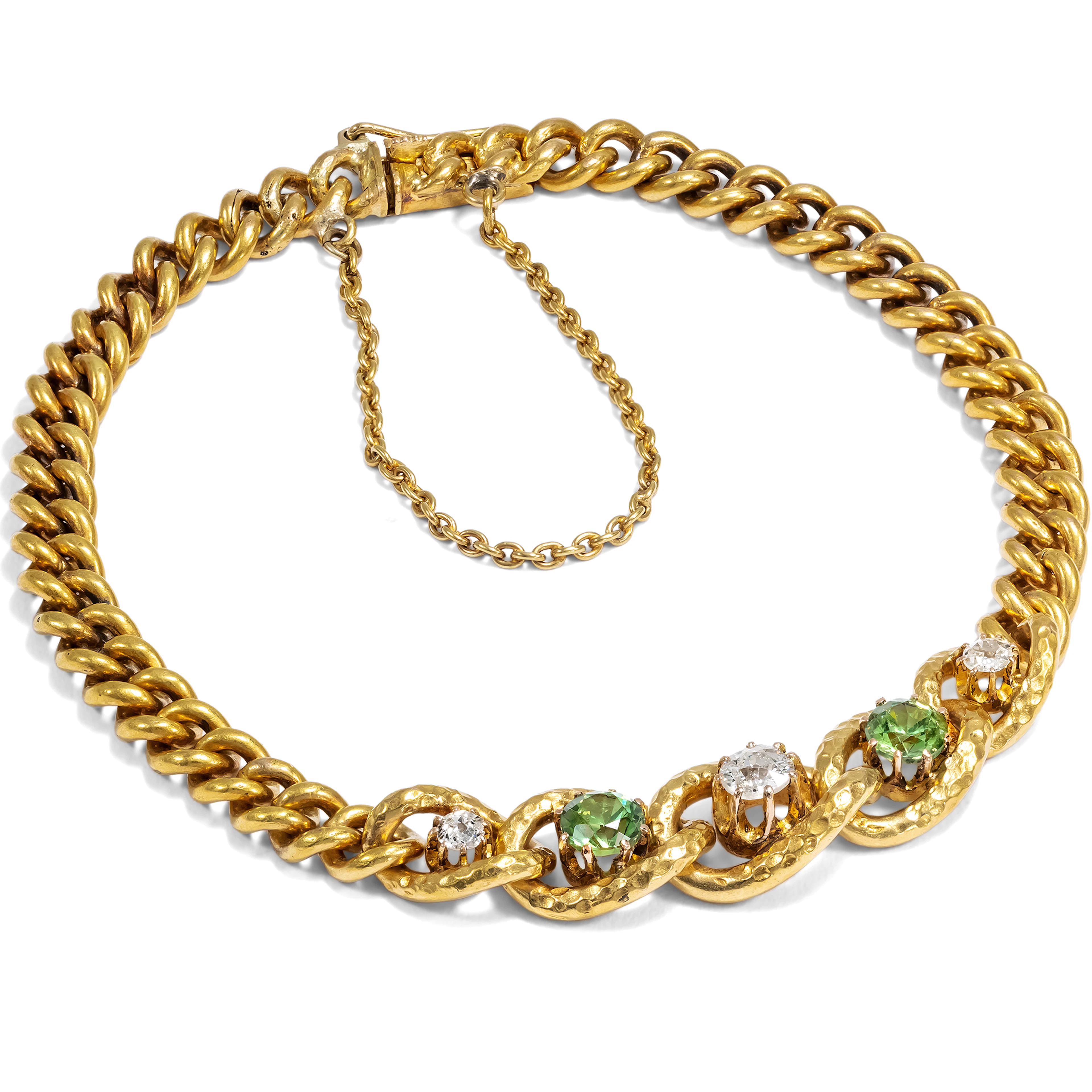 Antique Curb Link Bracelet with Demantoids & Diamonds in Gold, c. 1985 & later