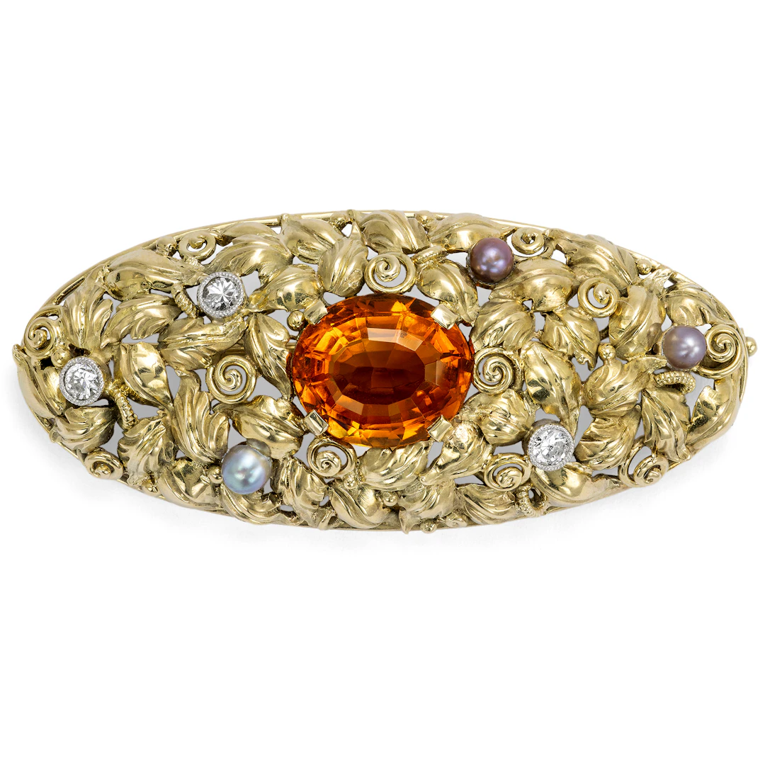 Antique Brooch with Citrine, Diamonds & Natural Pearls by Robert Merath