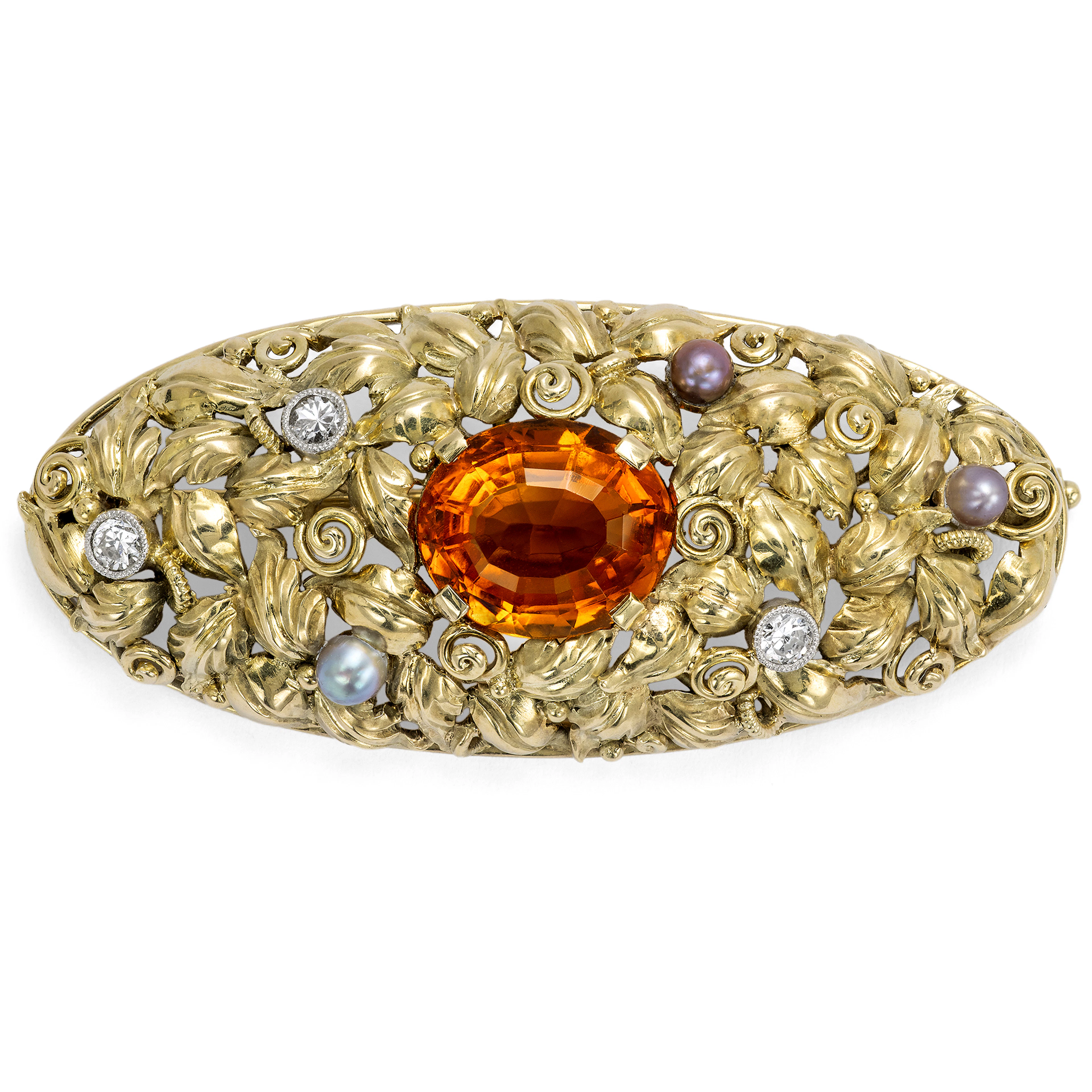 Antique Brooch with Citrine, Diamonds & Natural Pearls by Robert Merath
