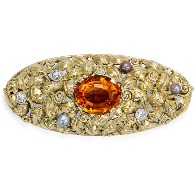 Antique Brooch with Citrine, Diamonds & Natural Pearls by Robert Merath