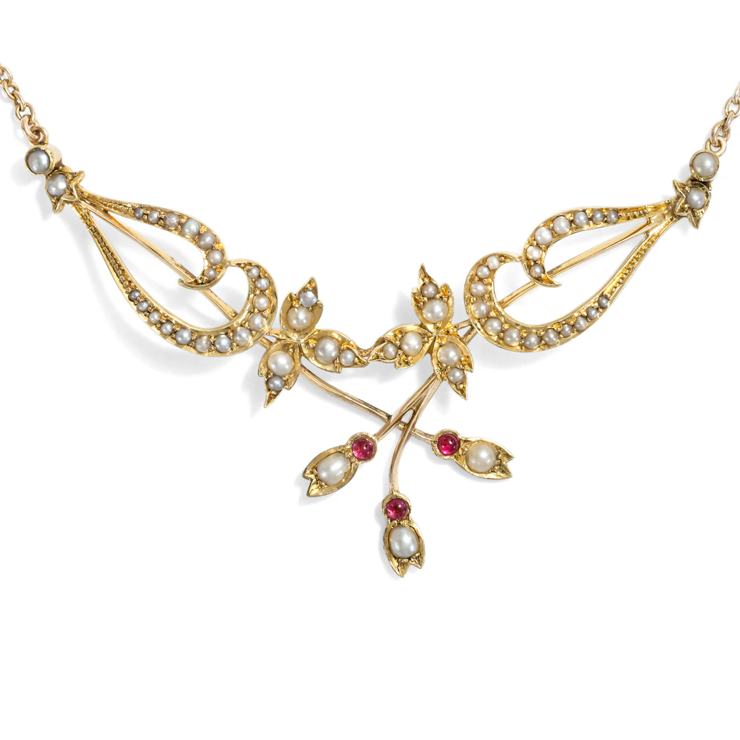 Delicate Red Spinel and Seed Pearl Necklace in Gold, British, c. 1900