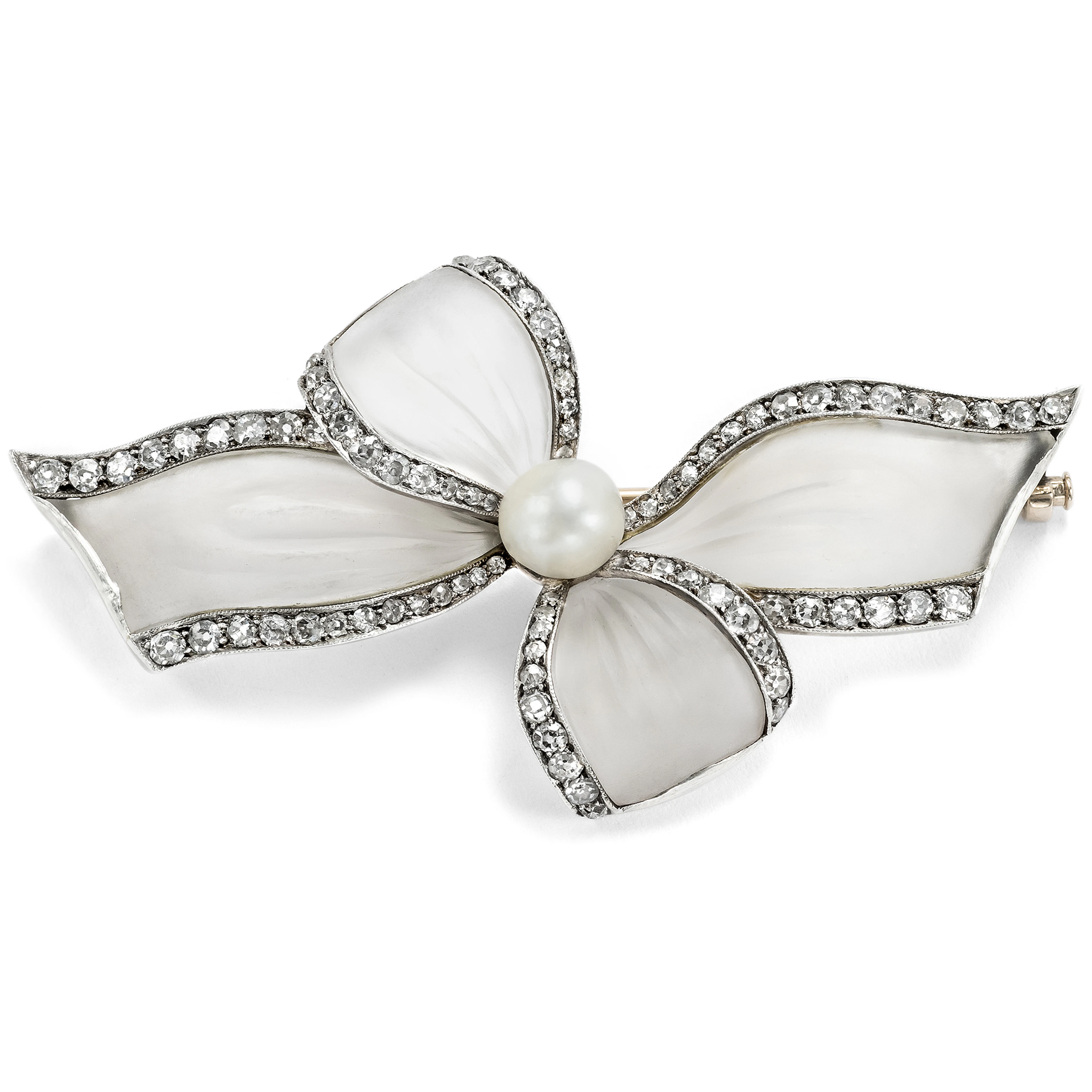 Elegant Bow Brooch Made of Rock Crystal, Diamonds, and an Oriental