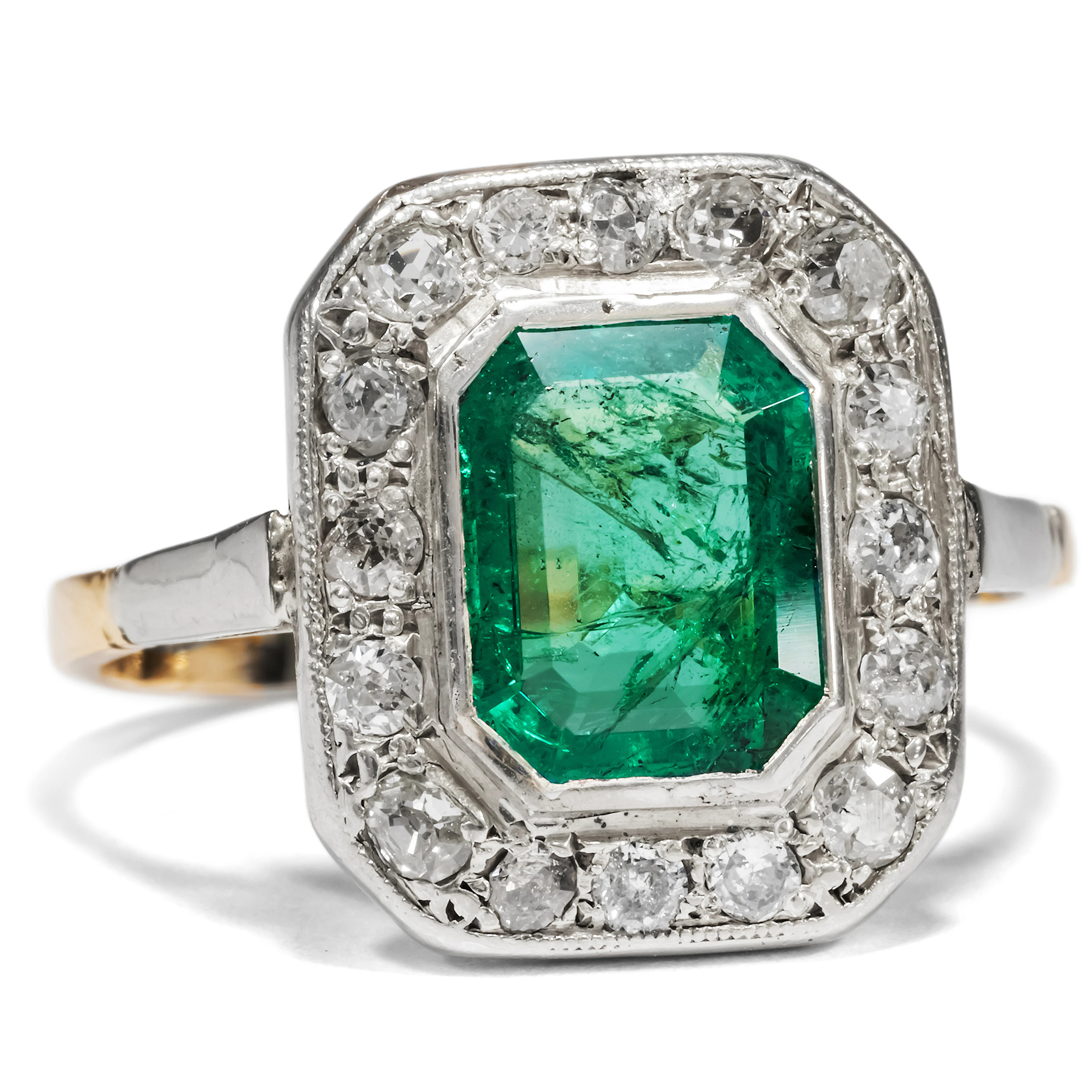Antique Ring with Colombian Emeralds & Diamonds in Gold & Silver, ca. 1920