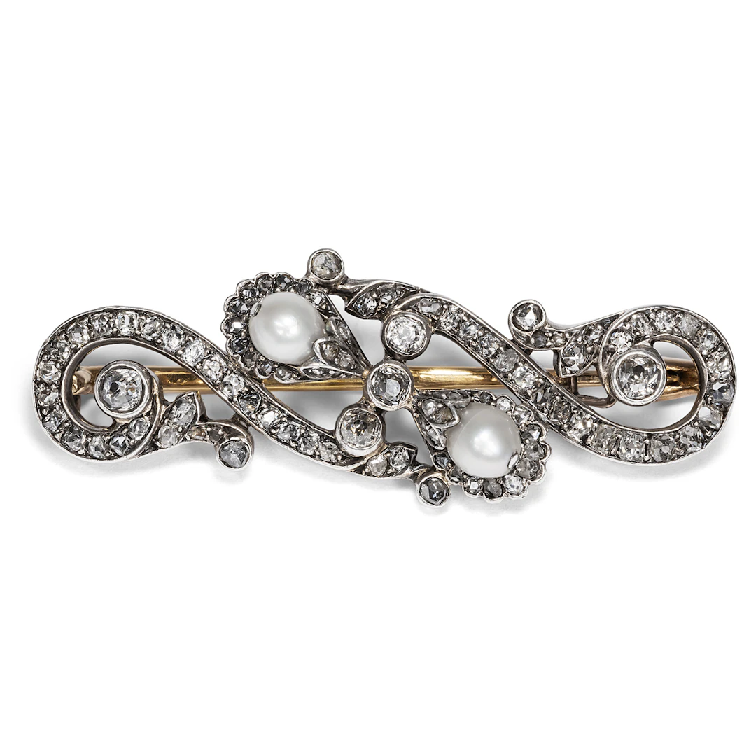 Precious Antique Brooch With Diamonds & Pearls in Silver On Gold, c. 1895