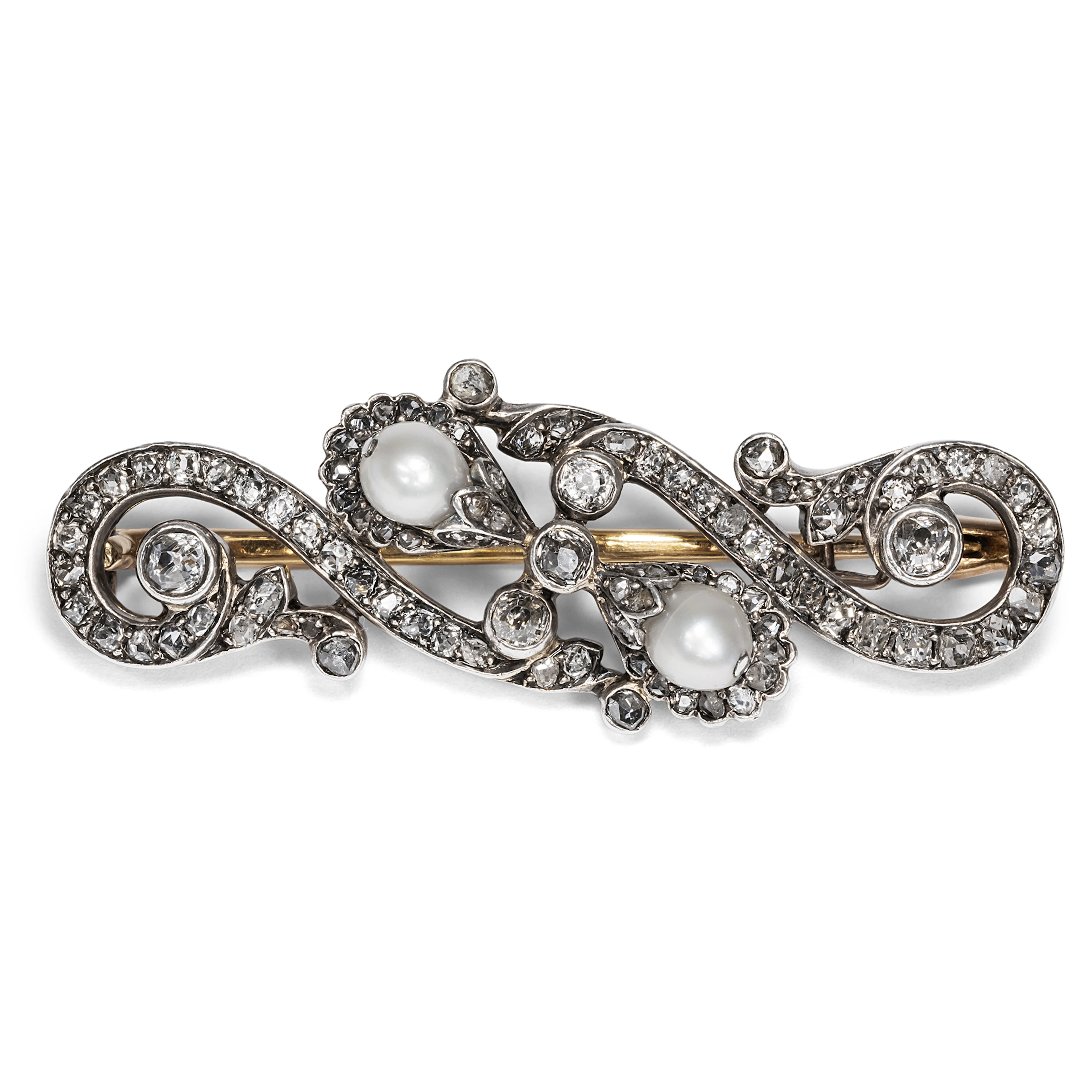 Precious Antique Brooch With Diamonds & Pearls in Silver On Gold, c. 1895