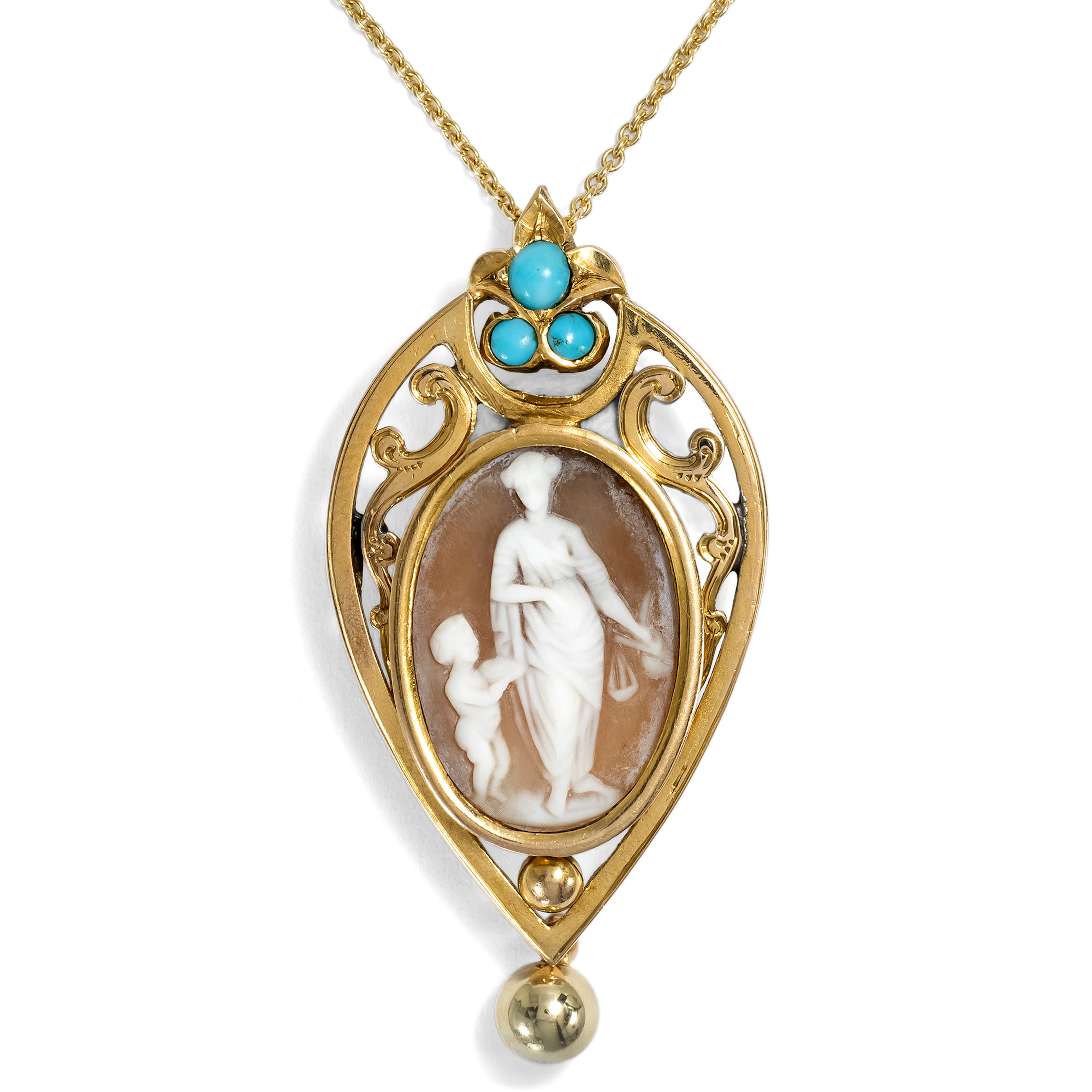 Antique Pendant with a Shell Cameo and Turquoises in Gold, Vienna, c. 1870