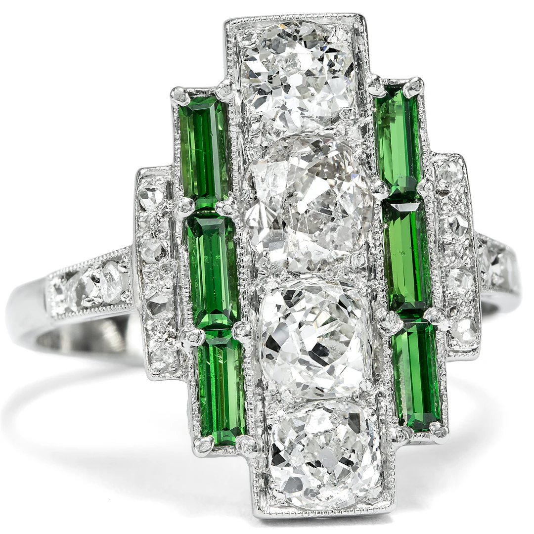 Magnificent Art Deco Platinum Ring with Diamonds & Tourmalines, c. 1930