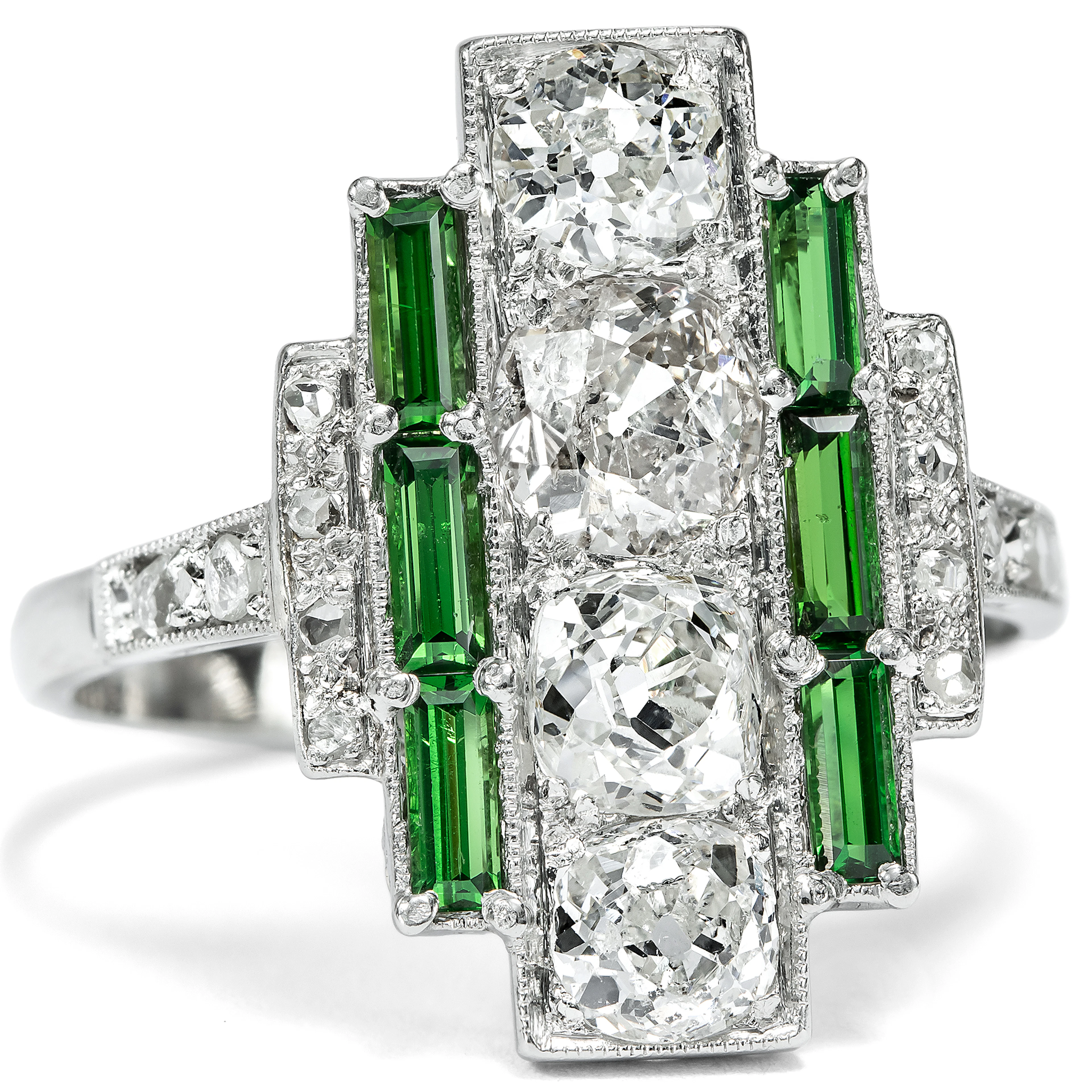 Magnificent Art Deco Platinum Ring with Diamonds & Tourmalines, c. 1930