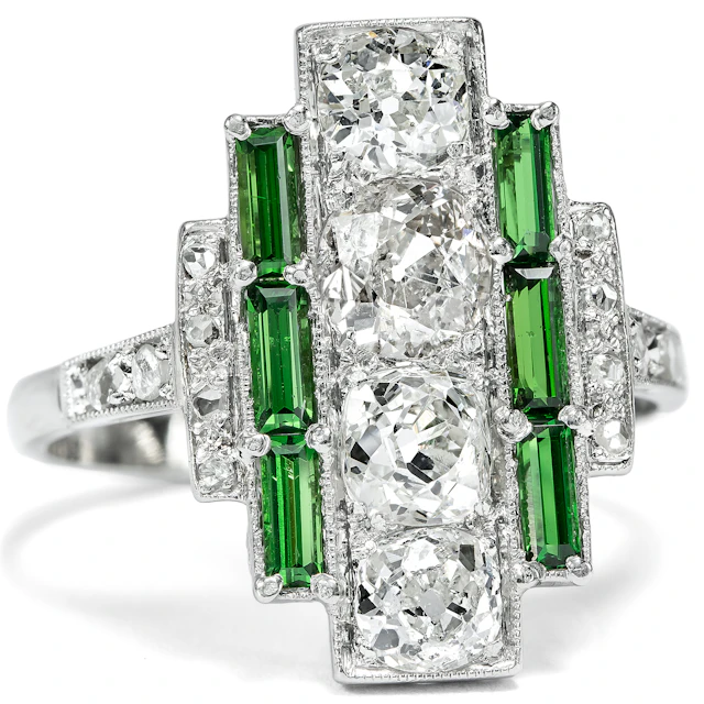 Magnificent Art Deco Platinum Ring with Diamonds & Tourmalines, c. 1930