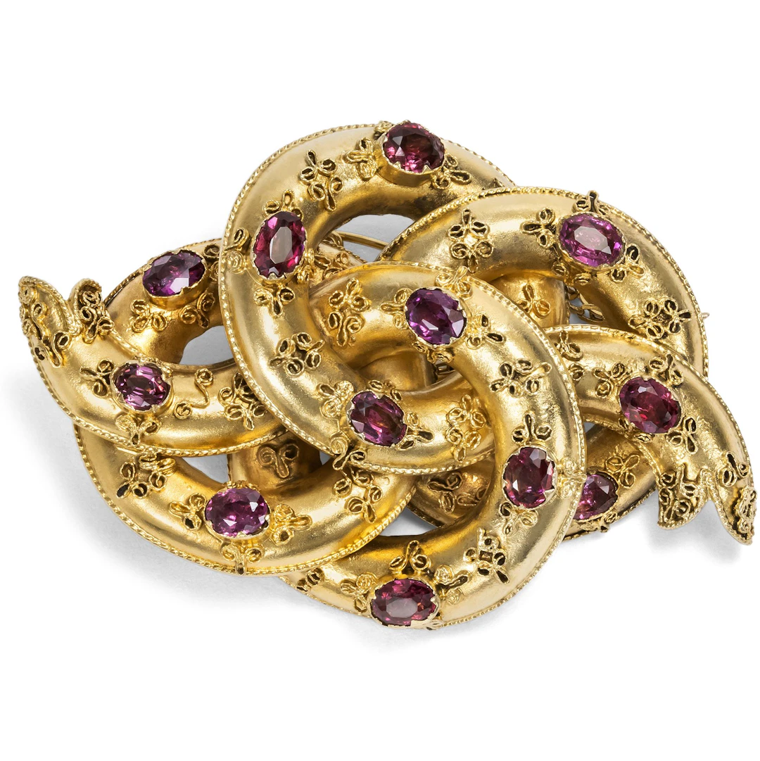 Antique British Love Knot Gold Brooch with Garnets, c. 1850