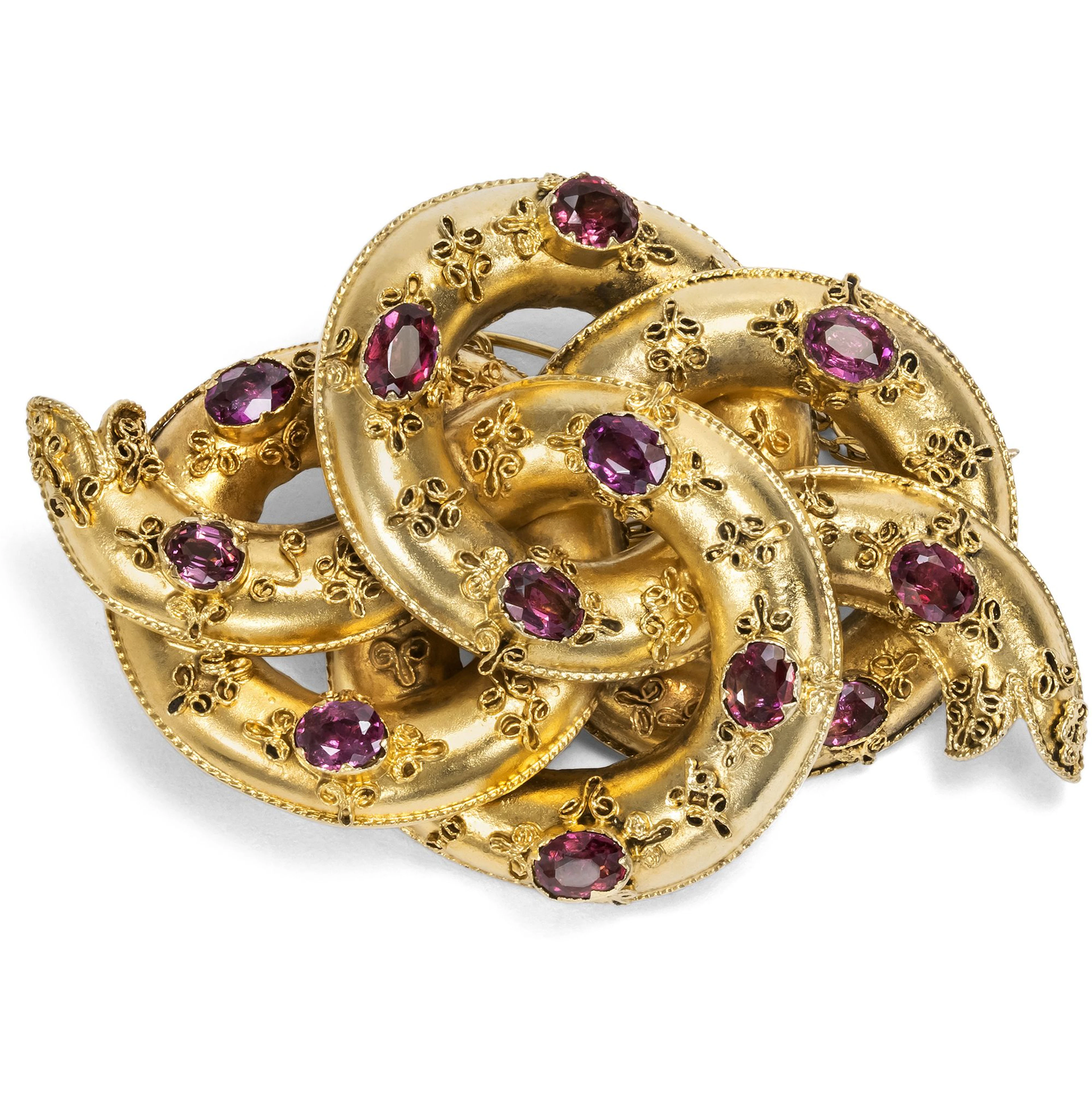 Antique British Love Knot Gold Brooch with Garnets, c. 1850