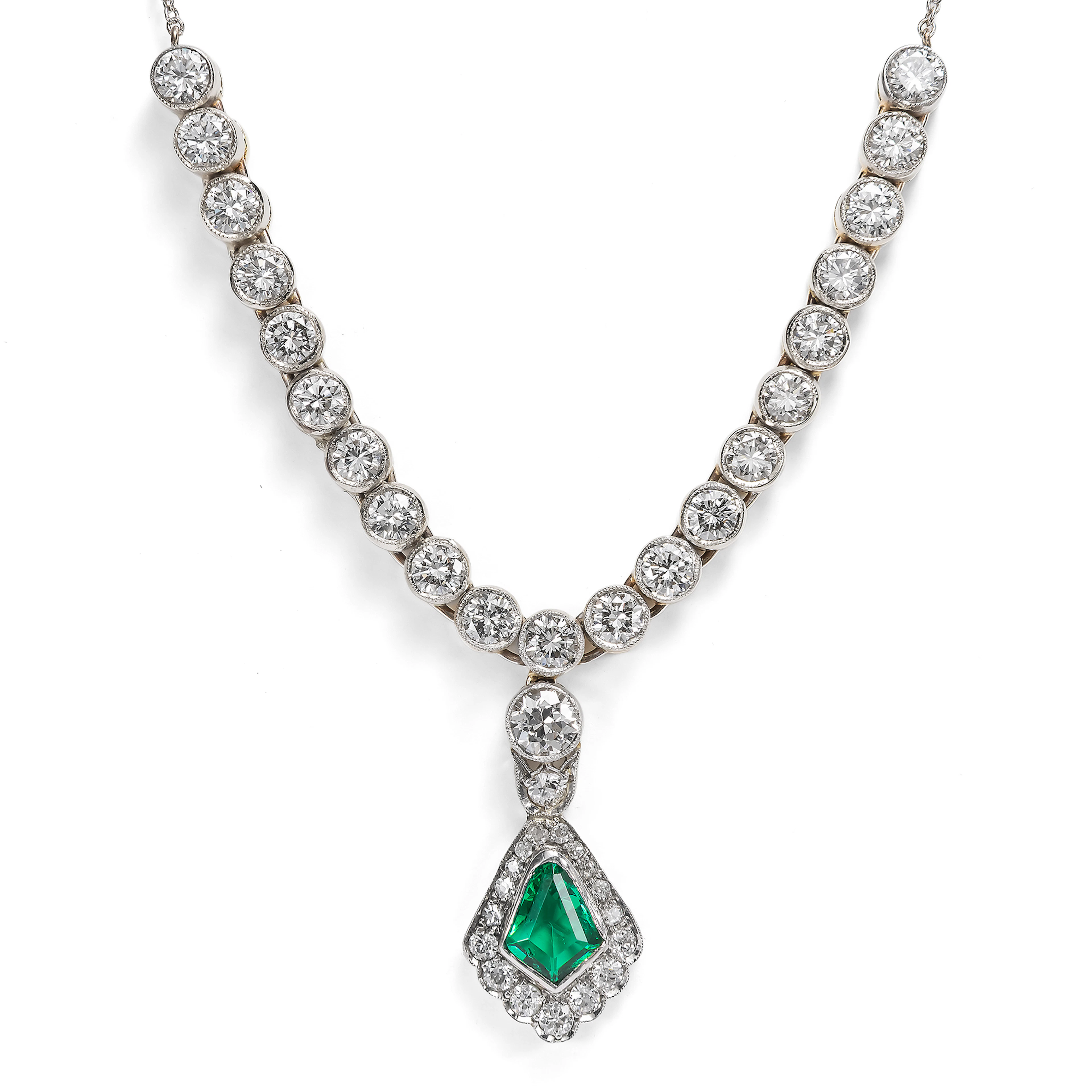 Elegant Necklace with Emerald & Diamonds Made of Antique Elements