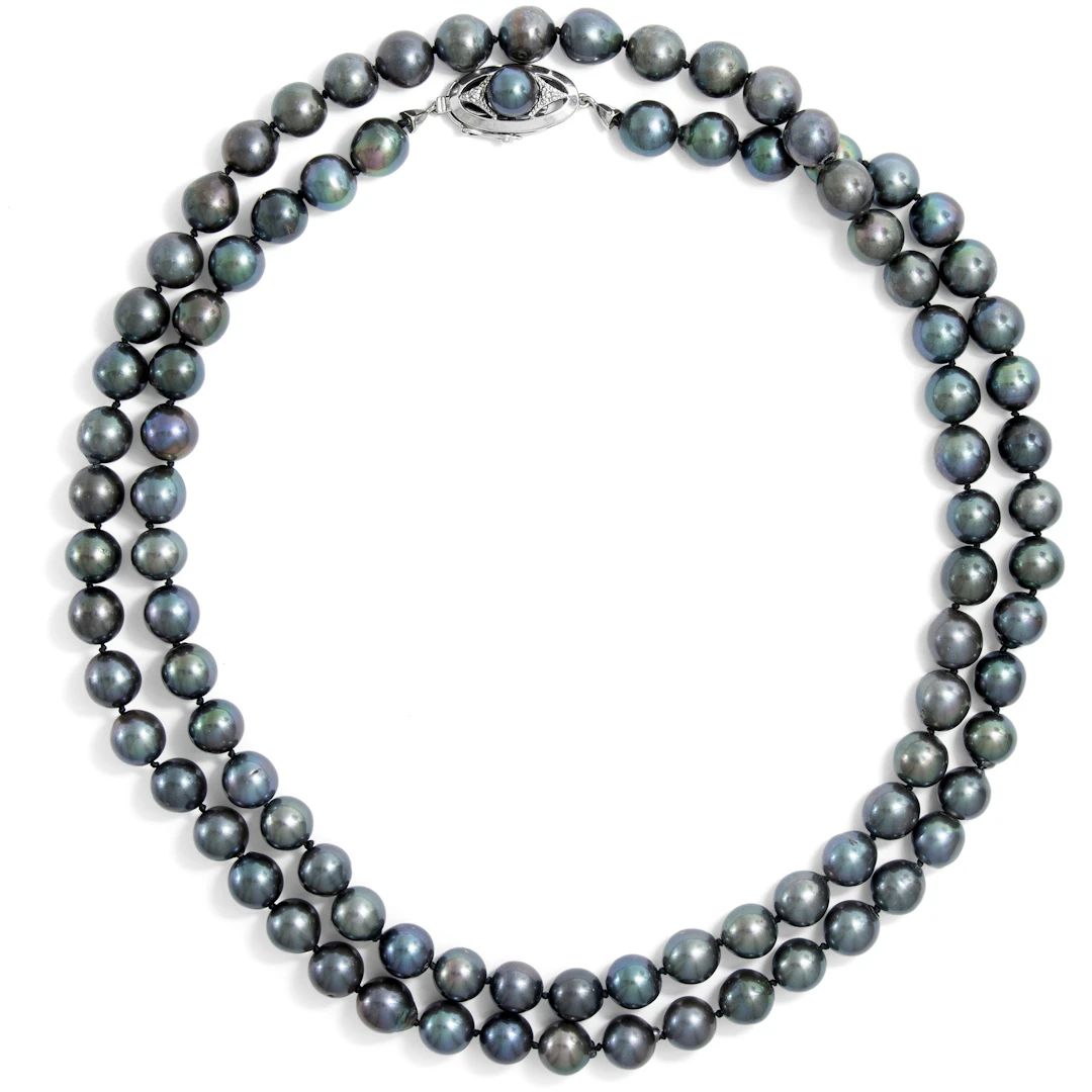 Elegant Opera-Length Necklace Made of Black Akoya Pearls, Circa 1985