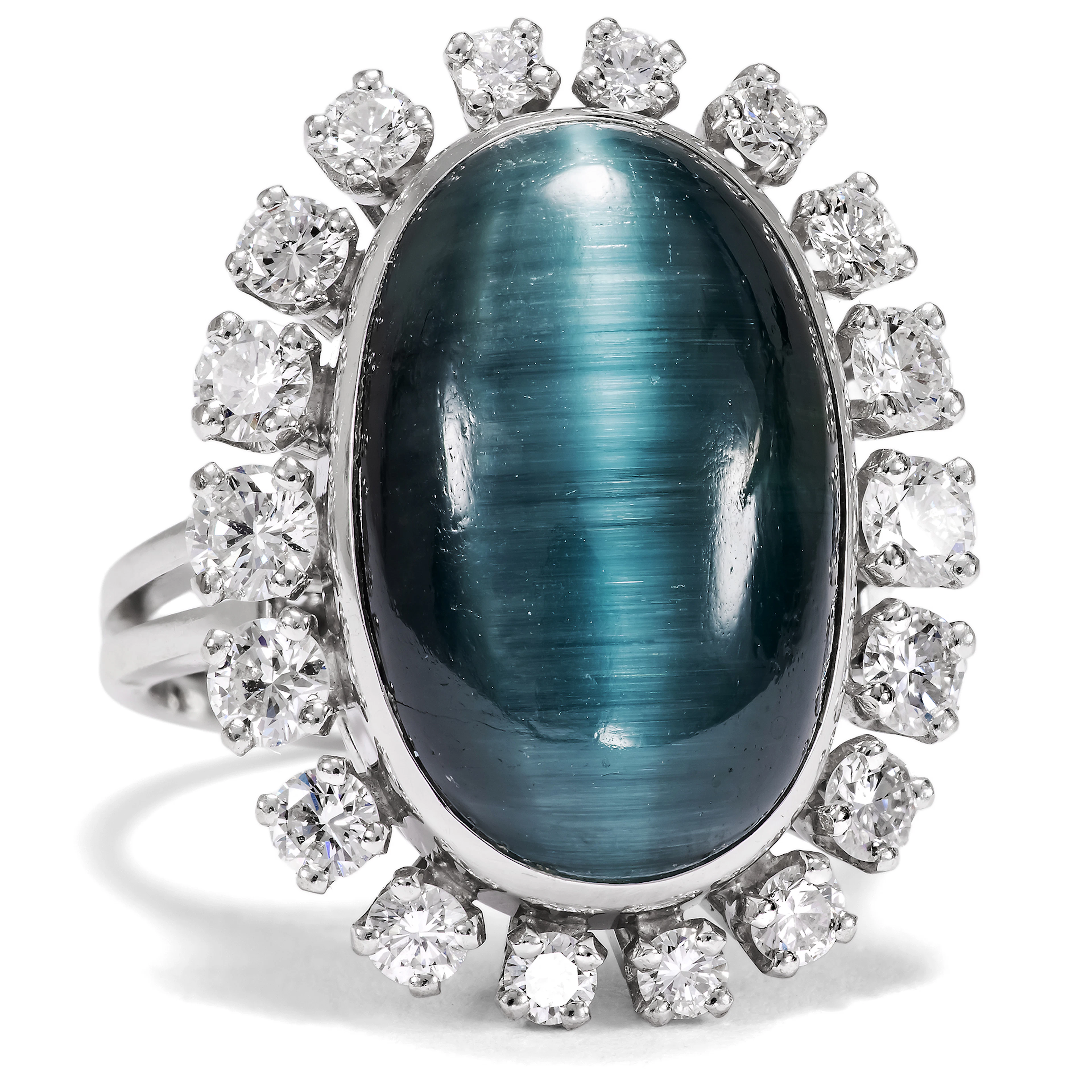 Vintage Ring with Falcon's Eye & Diamonds in White Gold, c. 1975
