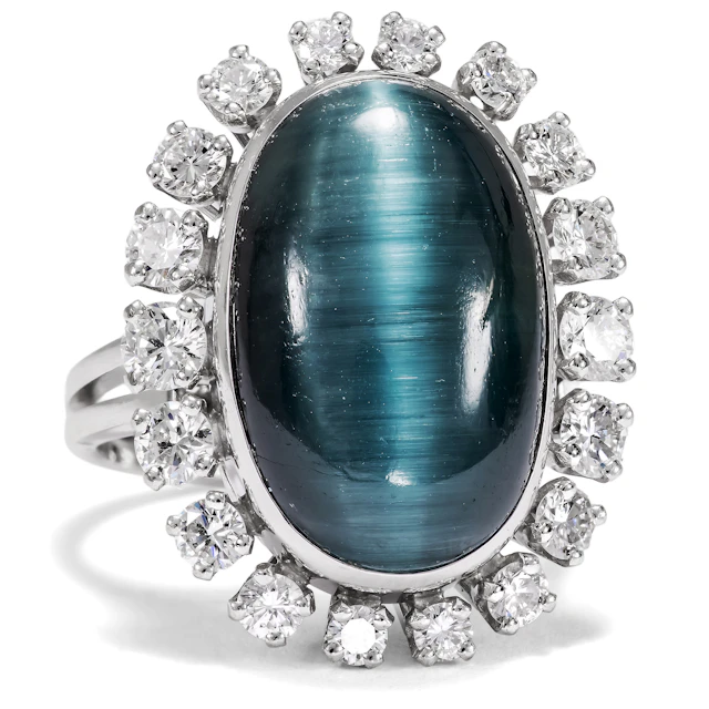Vintage Ring with Falcon's Eye & Diamonds in White Gold, c. 1975