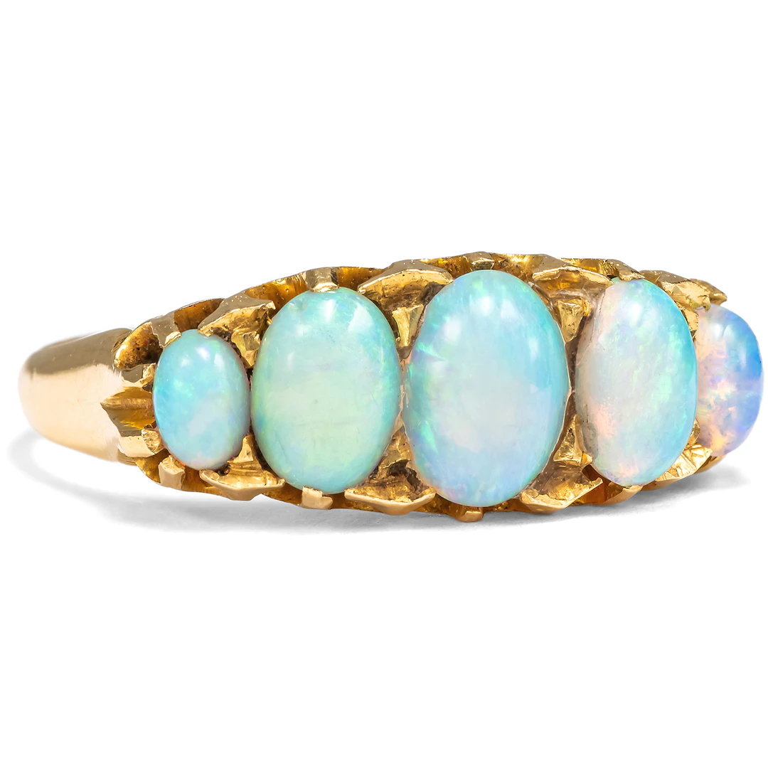 Antique Gold Ring with Five High-Quality Australian Opals, Chester 1903