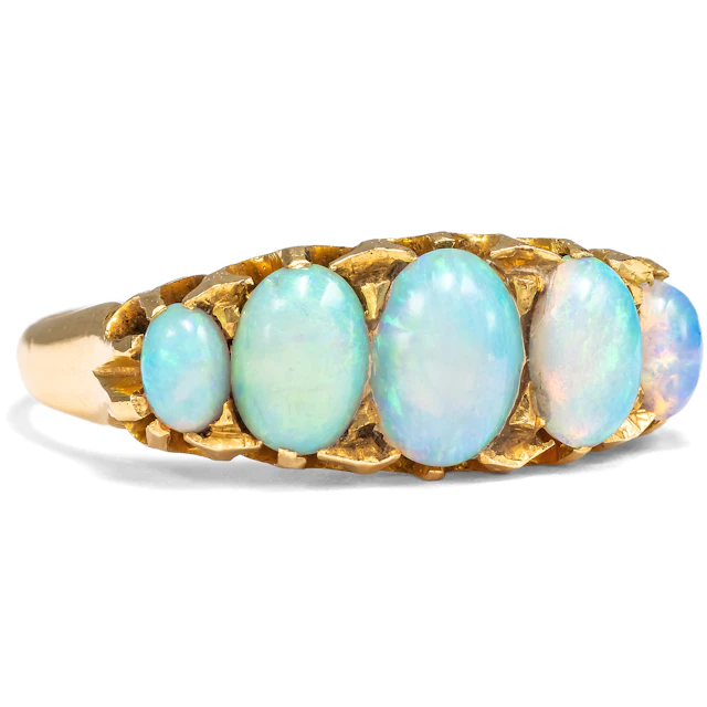 Antique Gold Ring with Five High-Quality Australian Opals, Chester 1903
