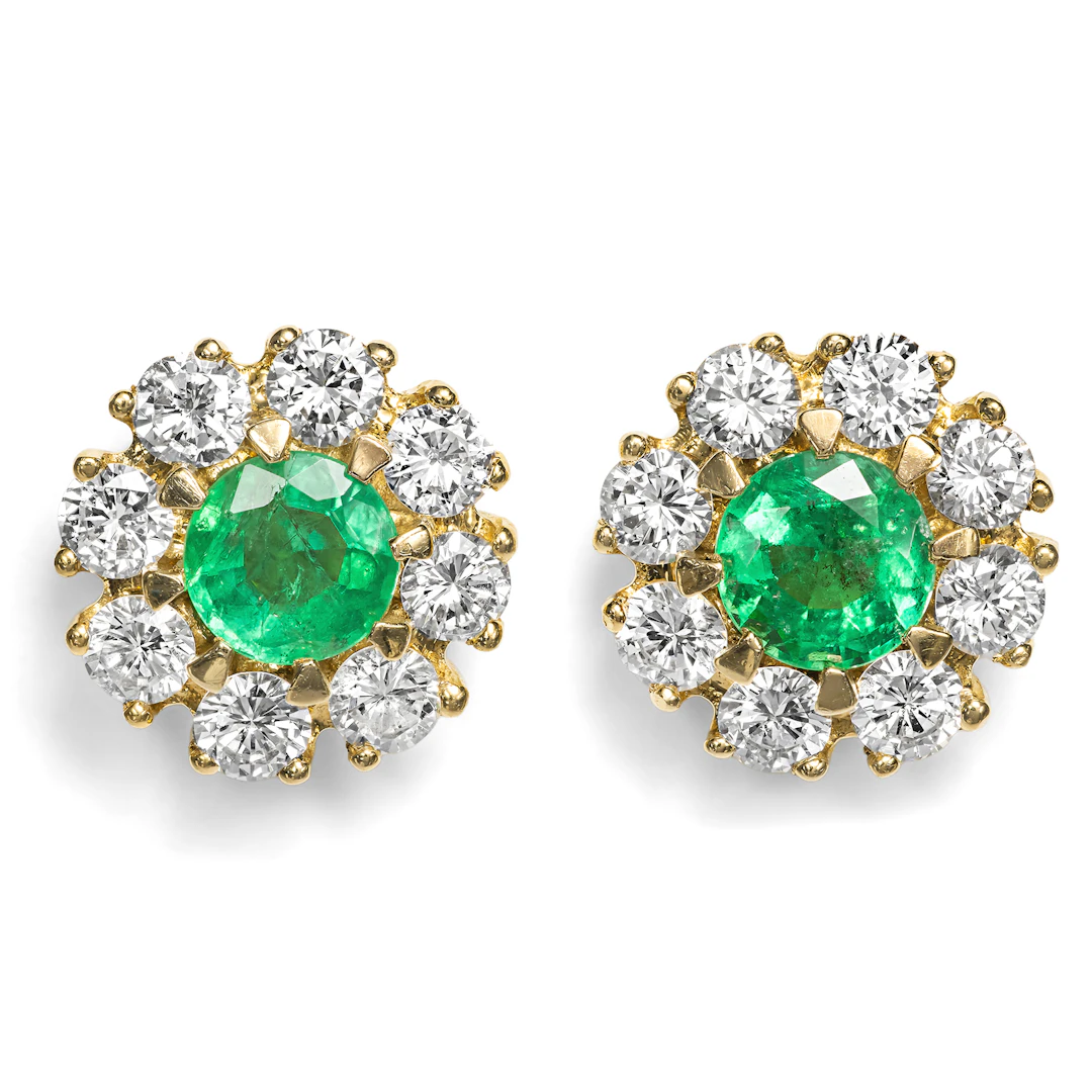 Wonderful Vintage Stud Earrings with Emeralds & Diamonds in Gold, c. 1985