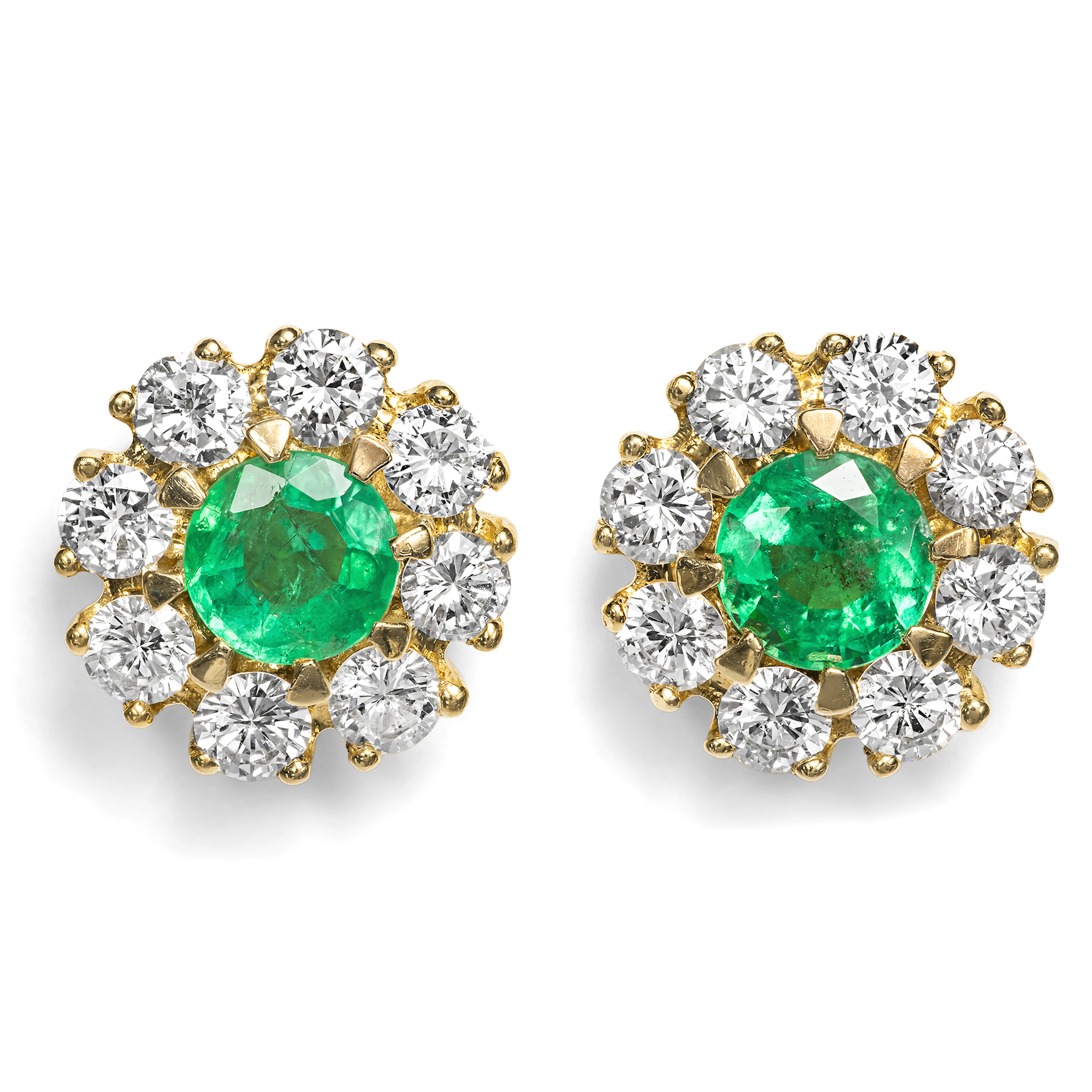 Wonderful Vintage Stud Earrings with Emeralds & Diamonds in Gold, c. 1985