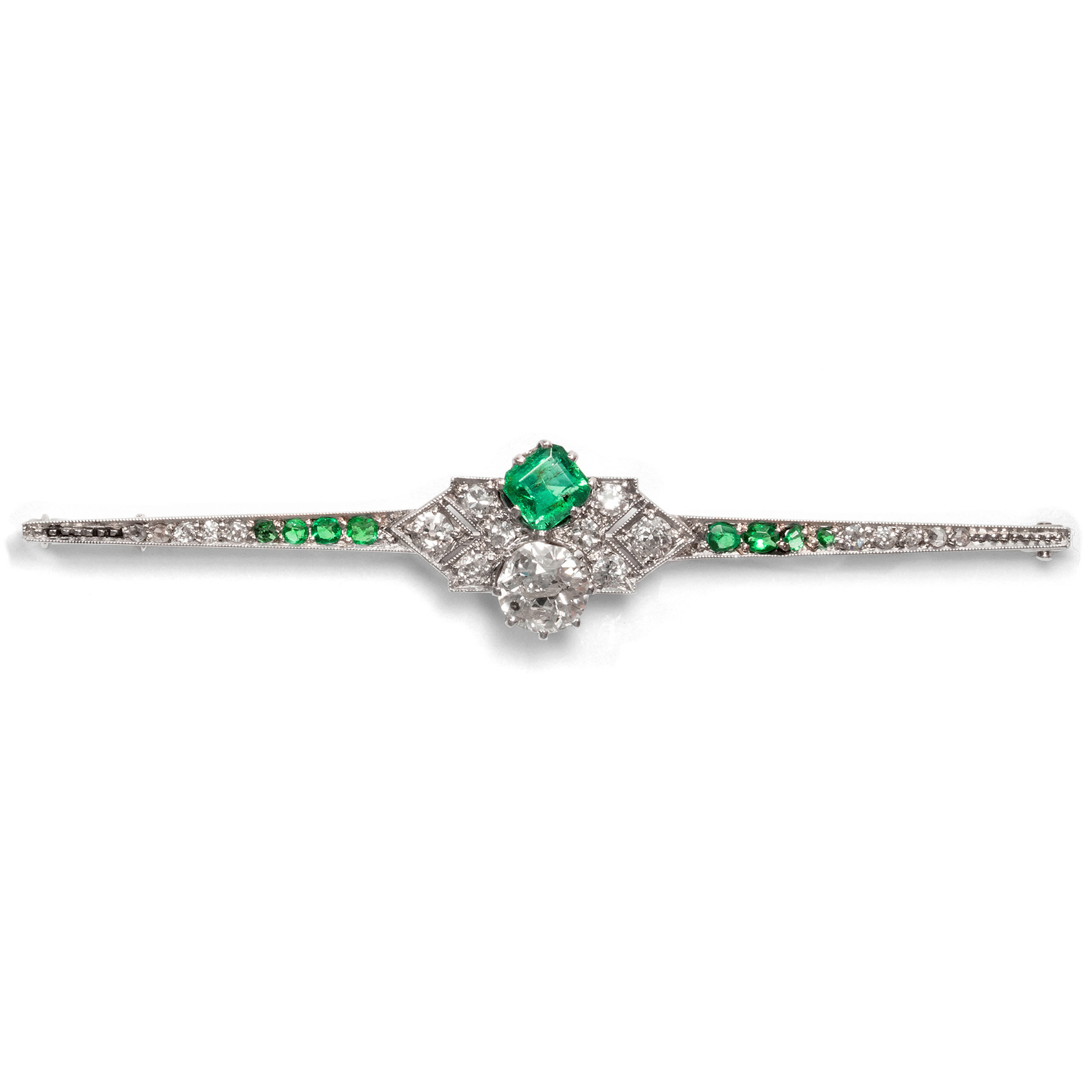 Elegant Déco Bar Brooch with Emeralds and Diamonds, c. 1920s