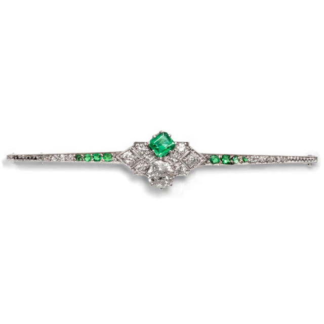 Elegant Déco Bar Brooch with Emeralds and Diamonds, c. 1920s