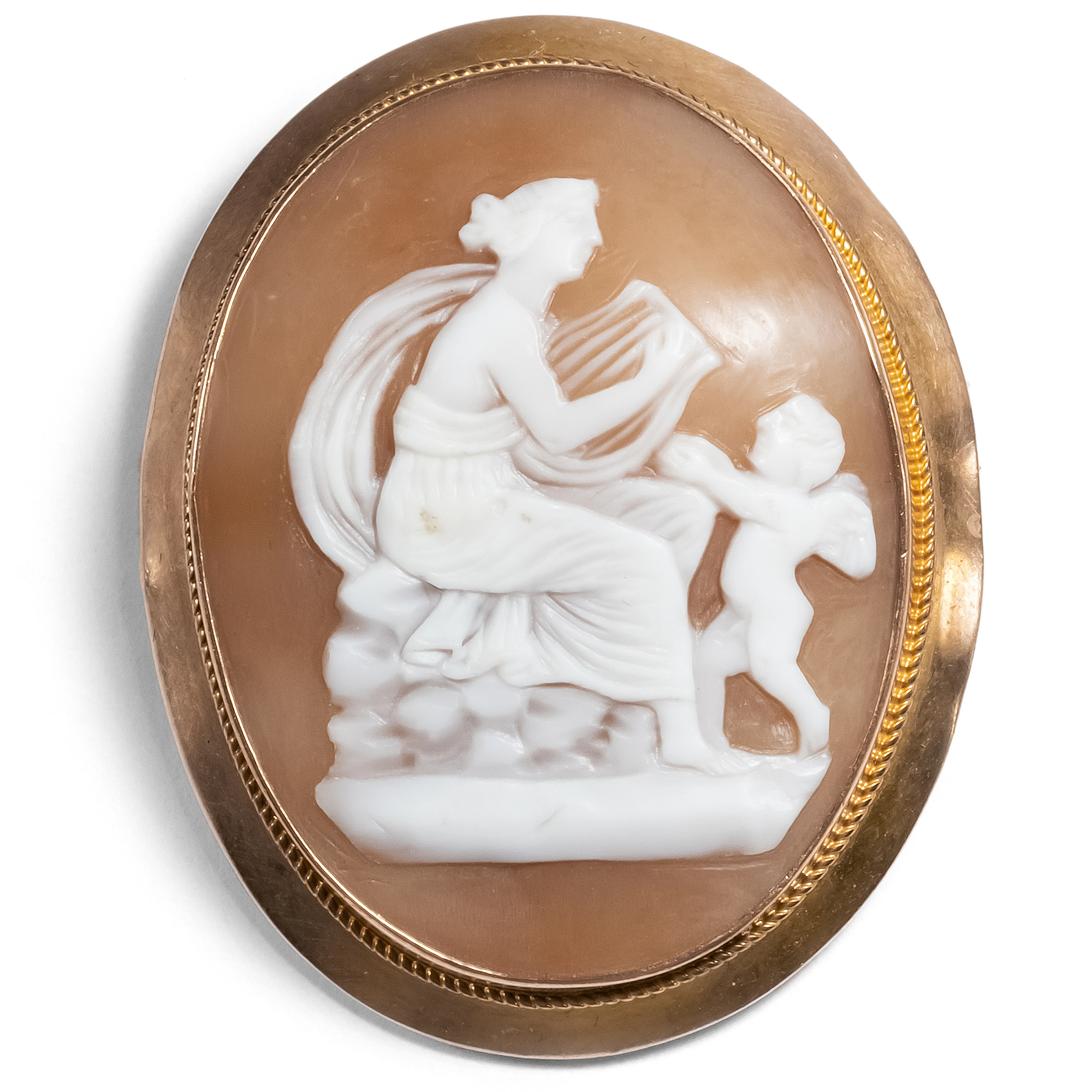 Venus and Cupid on Gold Set Shell Cameo, Italy/England c. 1890