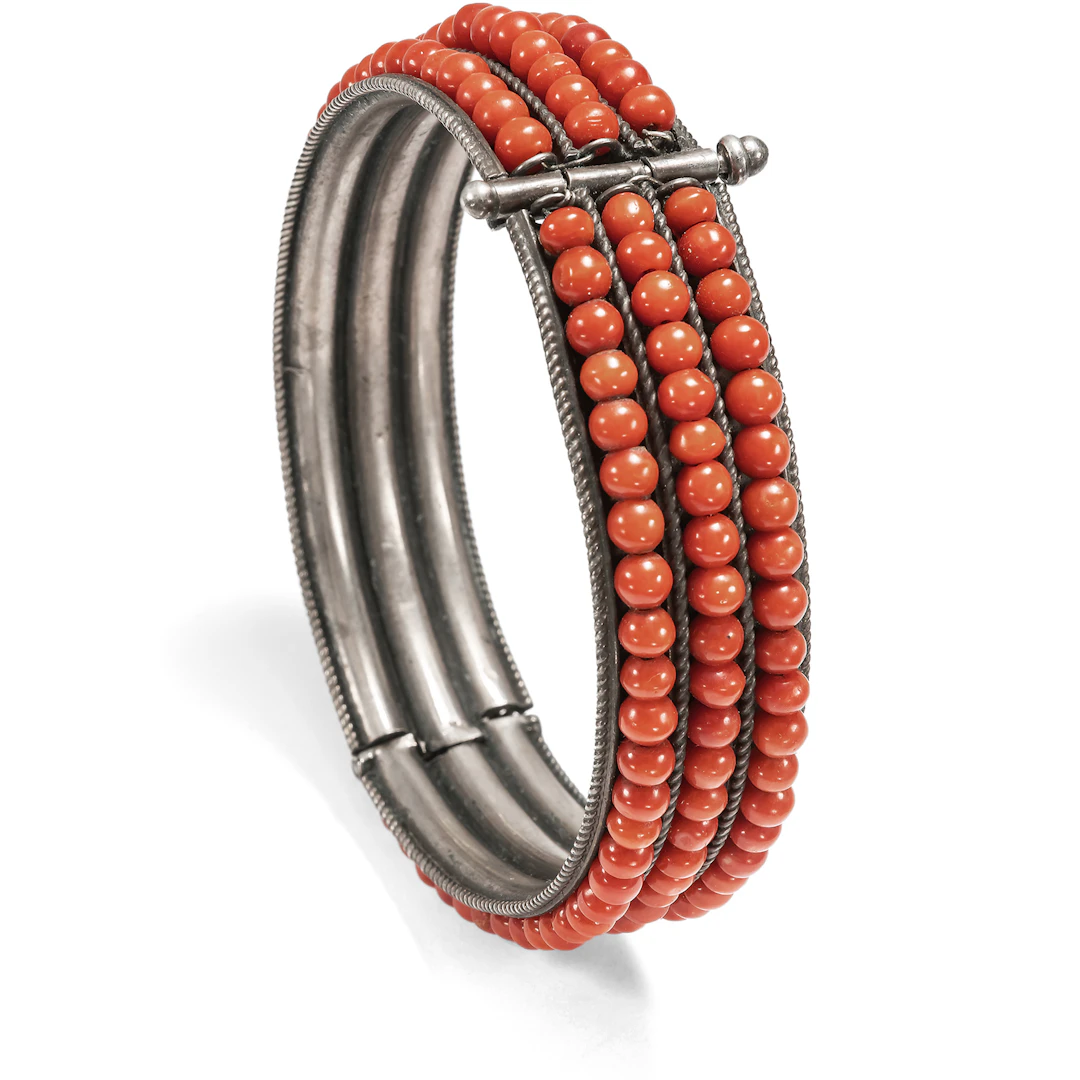 Antique Silver Bangle with Mediterranean Corals, Italy c. 1910