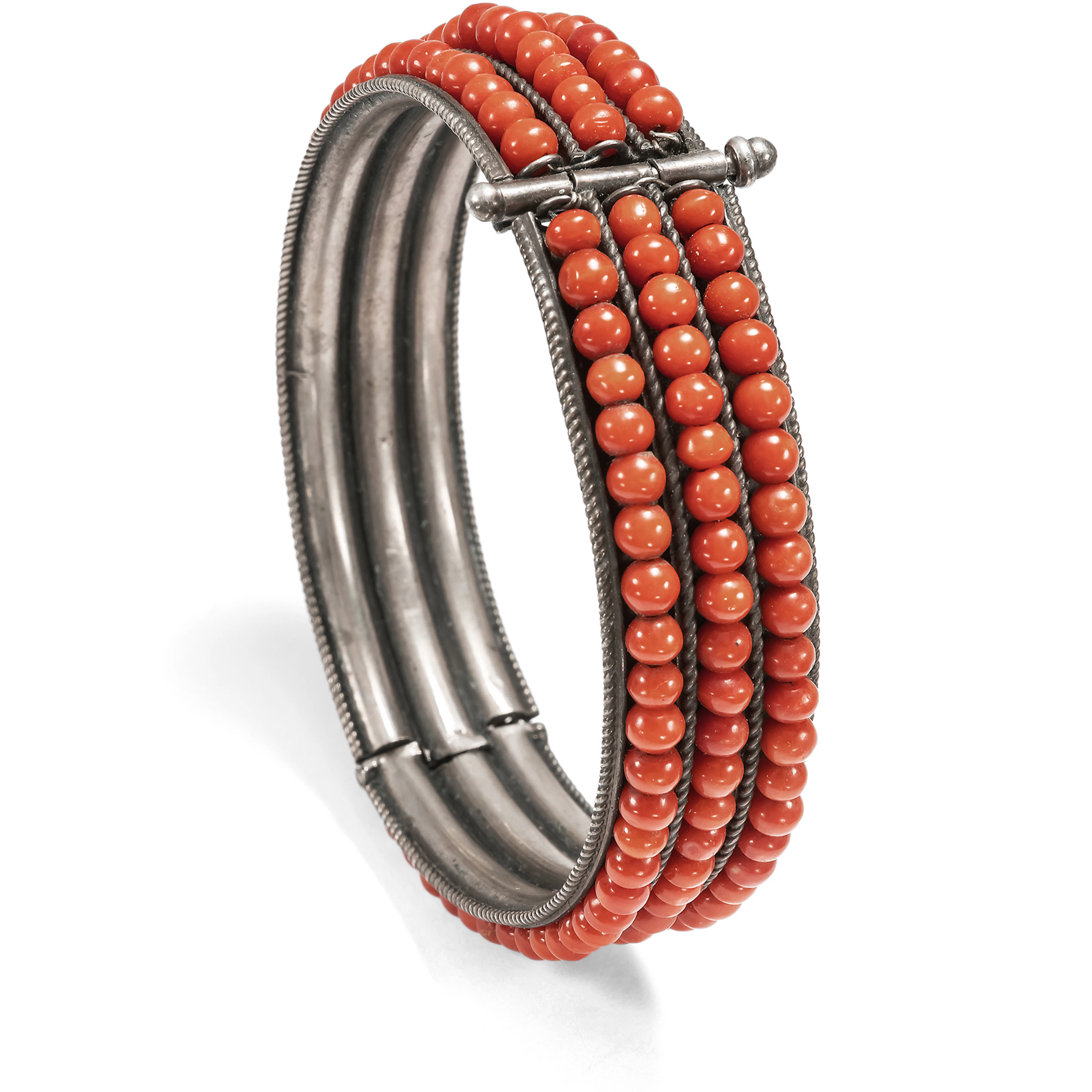 Antique Silver Bangle with Mediterranean Corals, Italy c. 1910