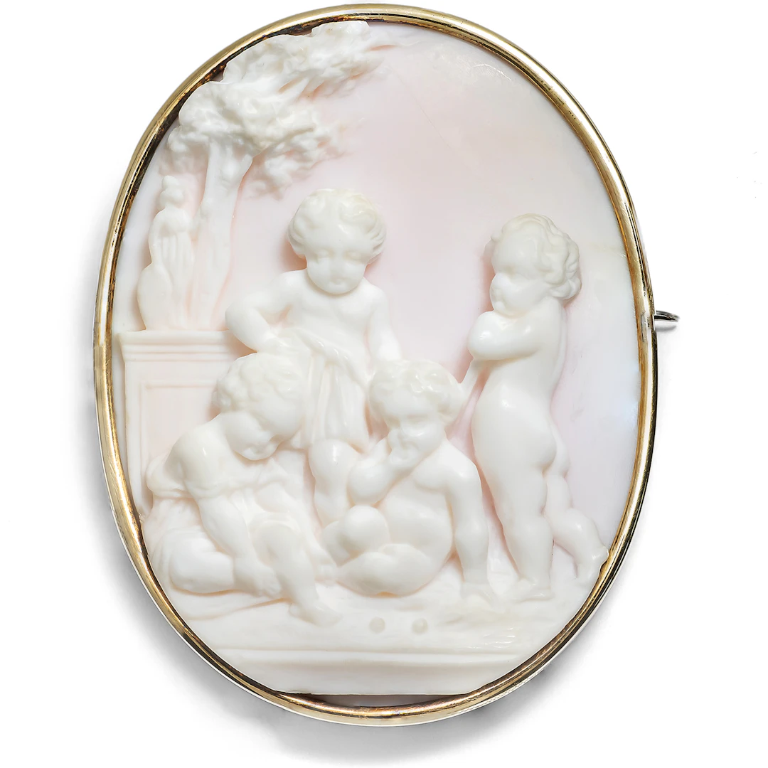 Antique Conch Shell Cameo Brooch in Gold-Plated Silver, c. 1870s