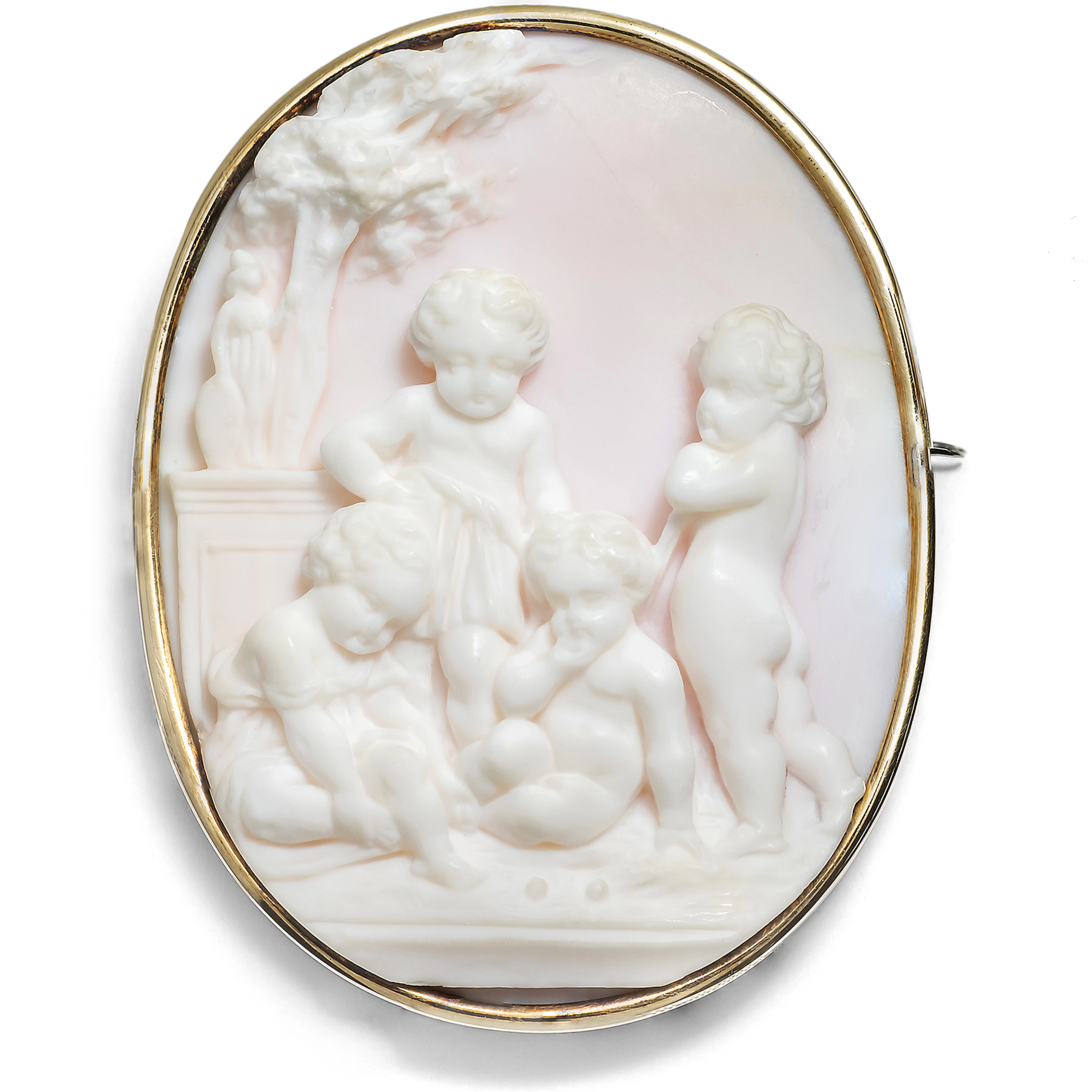 Antique Conch Shell Cameo Brooch in Gold-Plated Silver, c. 1870s