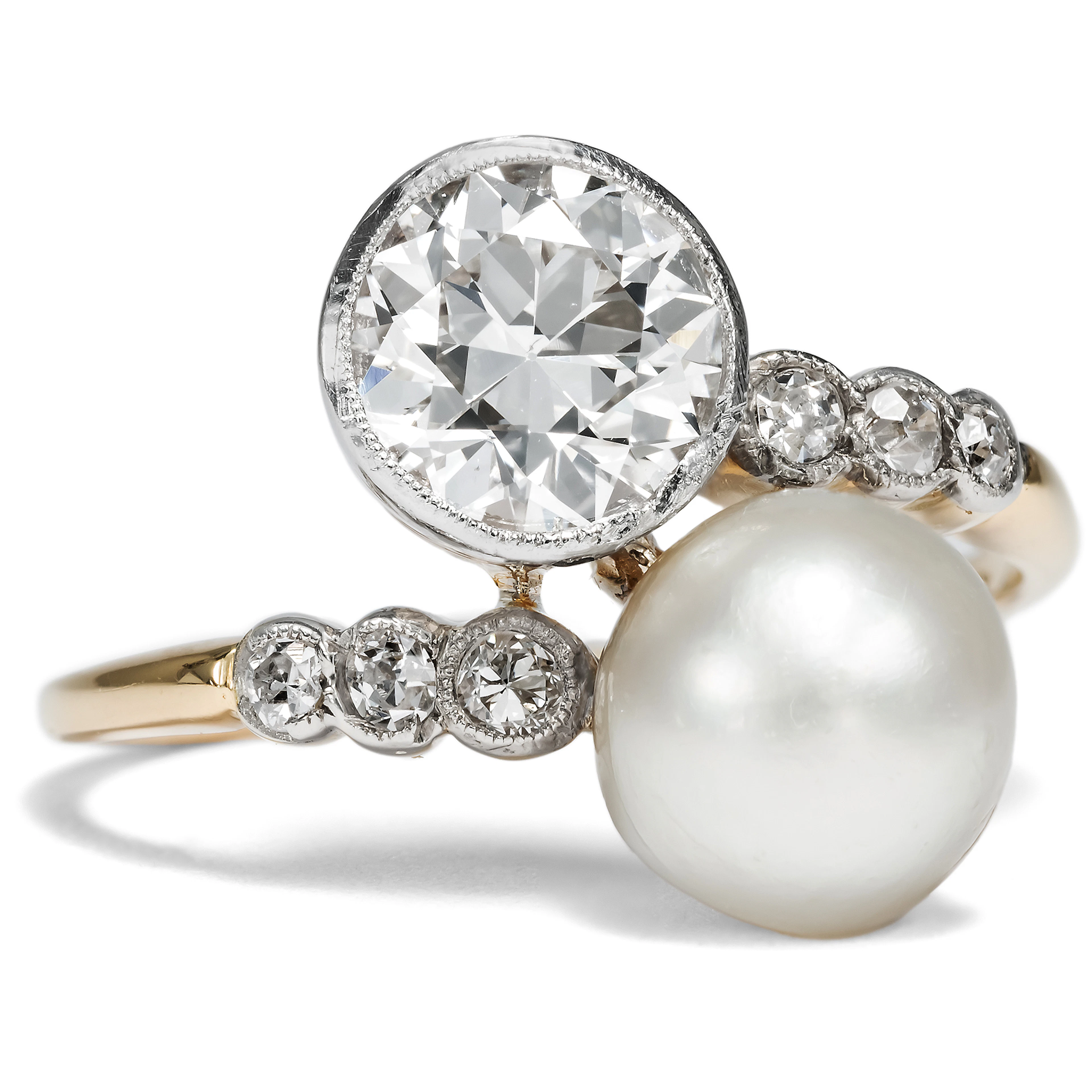 Antique Toi-et-moi Ring with Natural Pearl and Diamond, Germany, c. 1910
