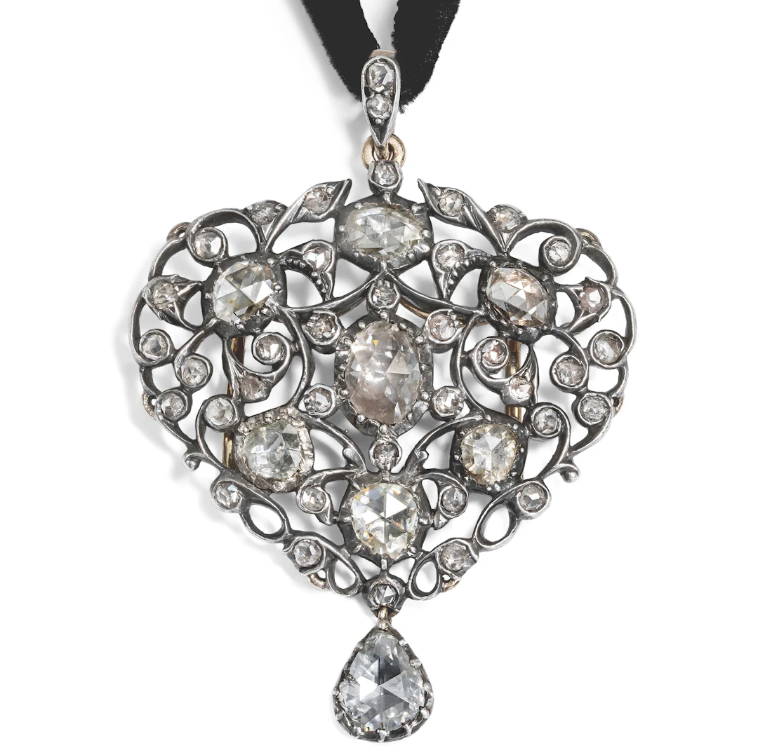 Antique Rococo Style Pendant with Rose Cut Diamonds in Silver, c. 1890 & later