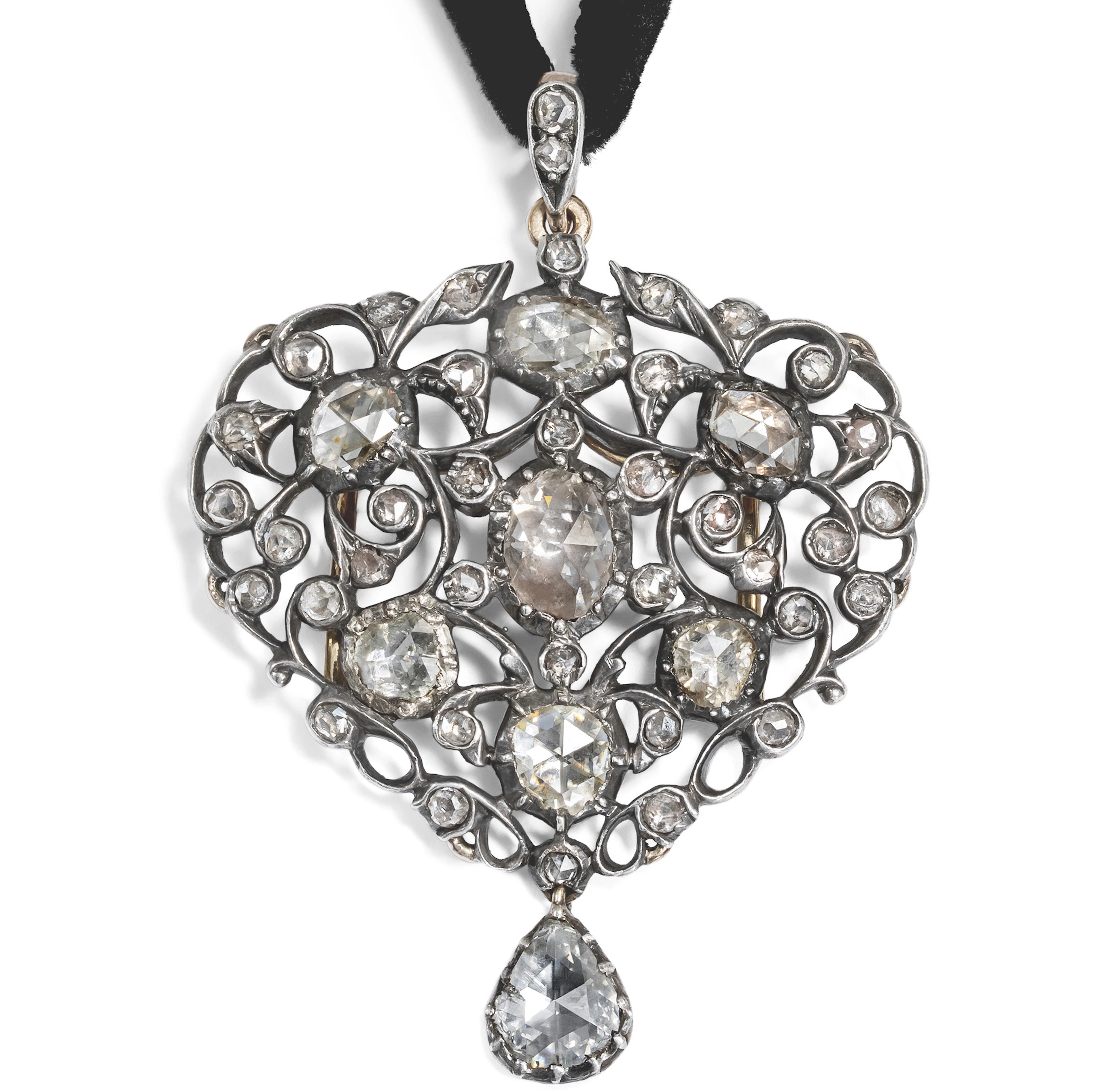 Antique Rococo Style Pendant with Rose Cut Diamonds in Silver, c. 1890 & later