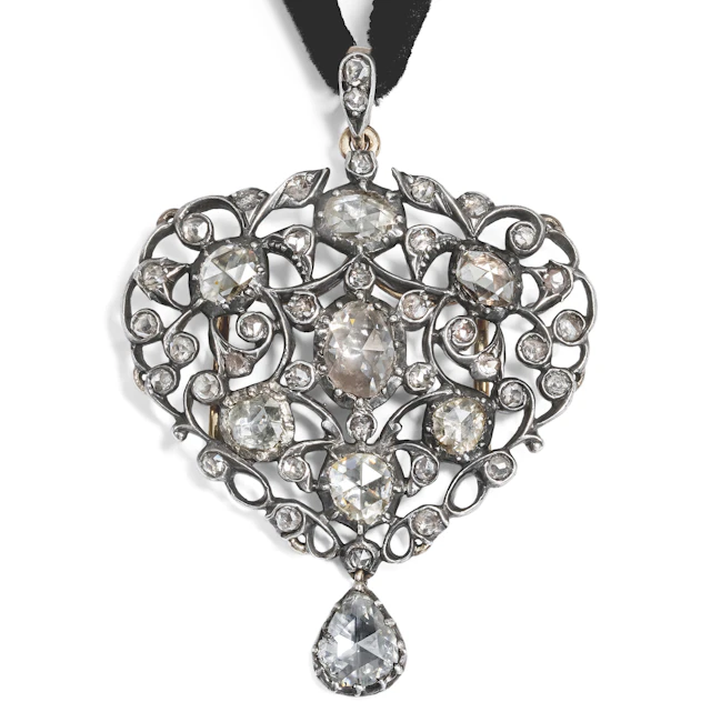 Antique Rococo Style Pendant with Rose Cut Diamonds in Silver, c. 1890 & later