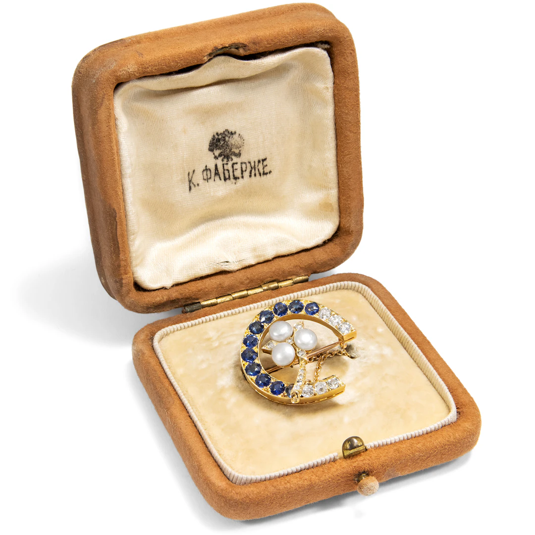 Antique Russian Horseshoe Brooch with Sapphires, Diamonds & Pearls, c. 1890