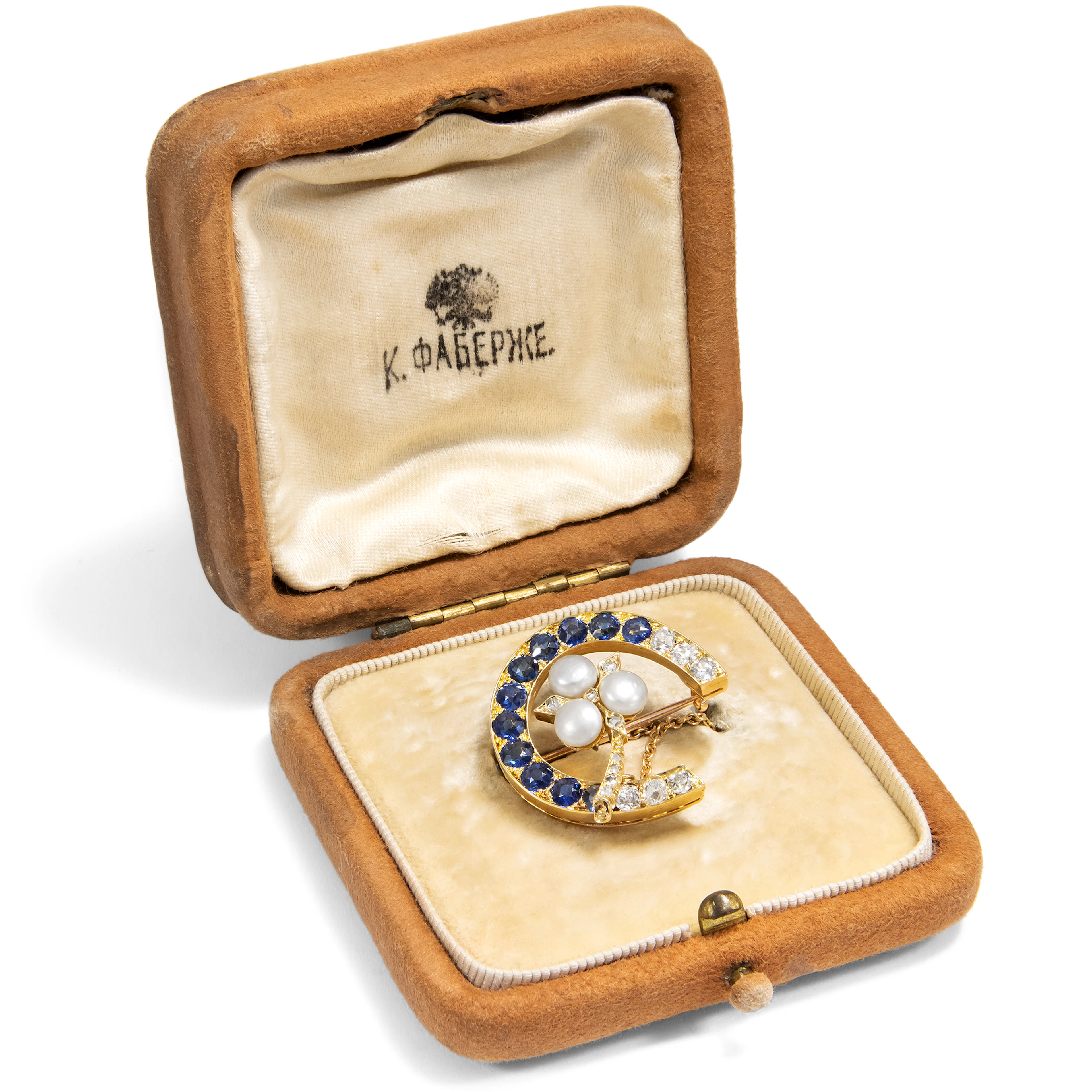 Antique Russian Horseshoe Brooch with Sapphires, Diamonds & Pearls, c. 1890
