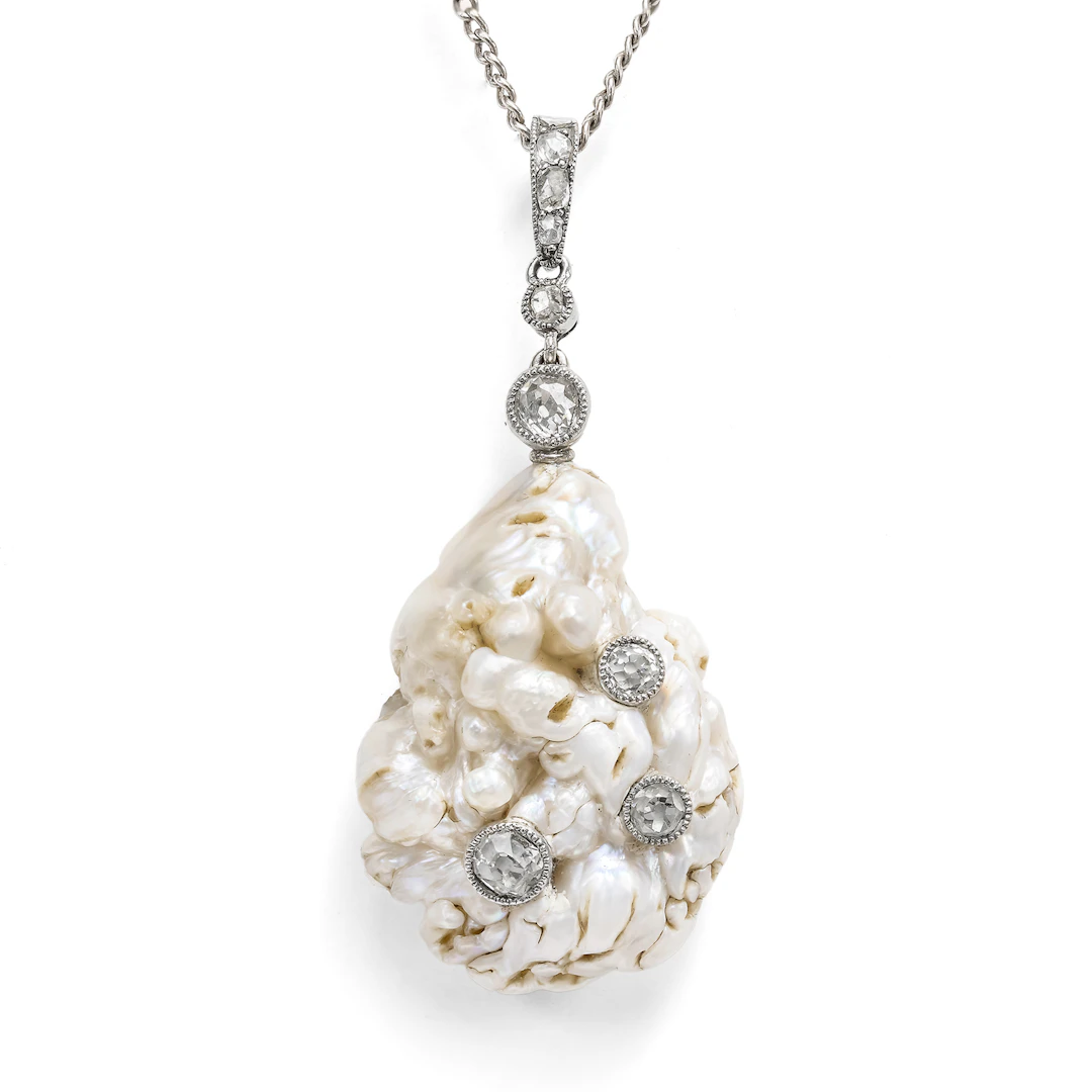 Fascinating Antique Pendant Made of a Natural Blister Pearl & Diamonds