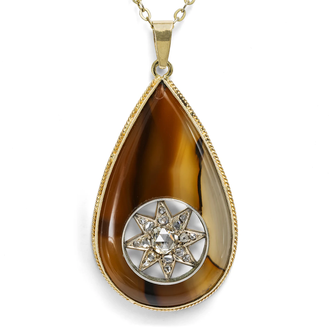 Modern Pendant in Agate & Gold with an Antique Diamond Star, c. 1880 & Later