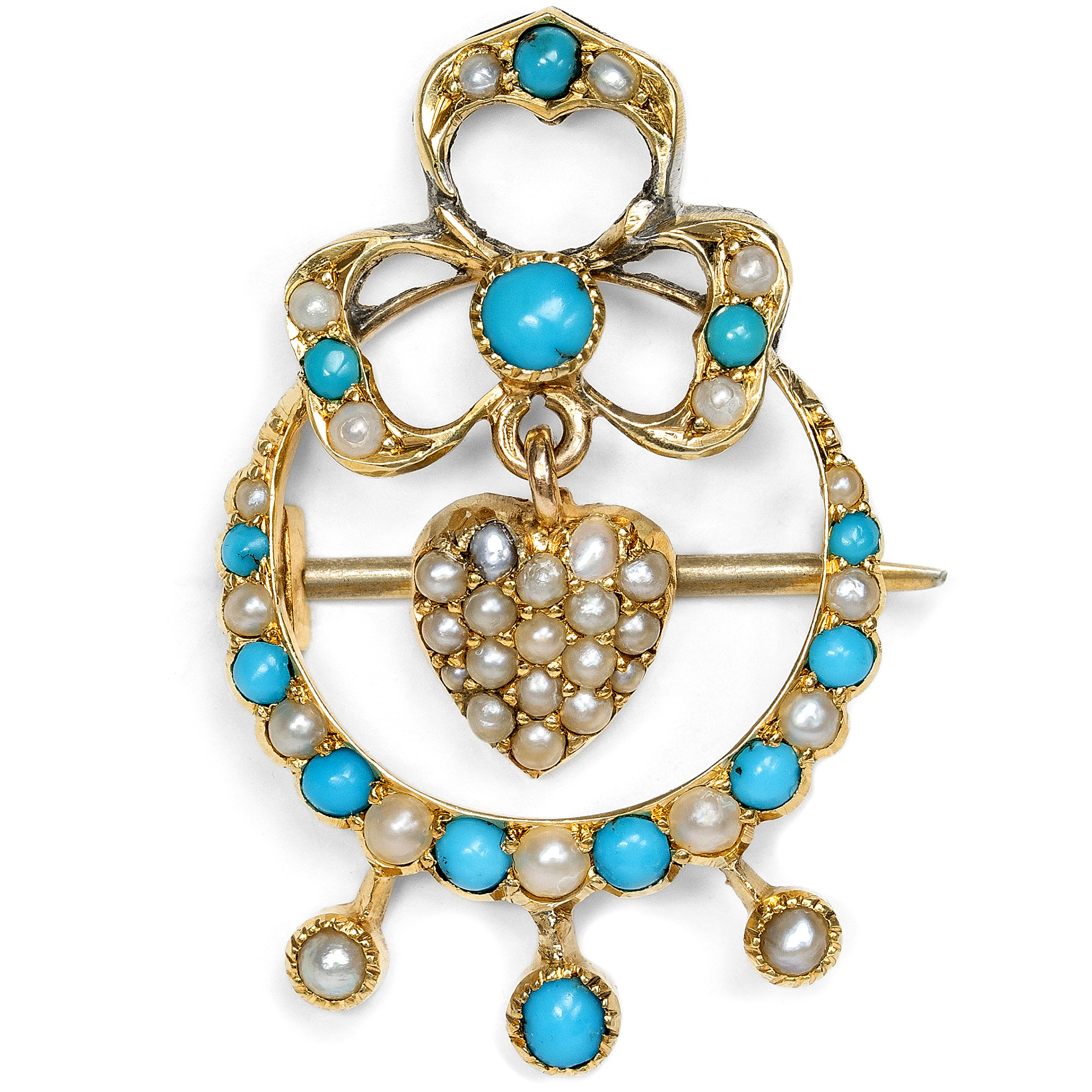 Romantic Antique Brooch With Turquoises & Pearls In Gold, Great Britain c. 1905