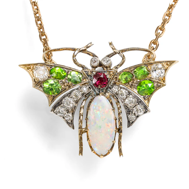 Fabulous Butterfly with Demantoids, Diamonds, & Opal, c. 1900